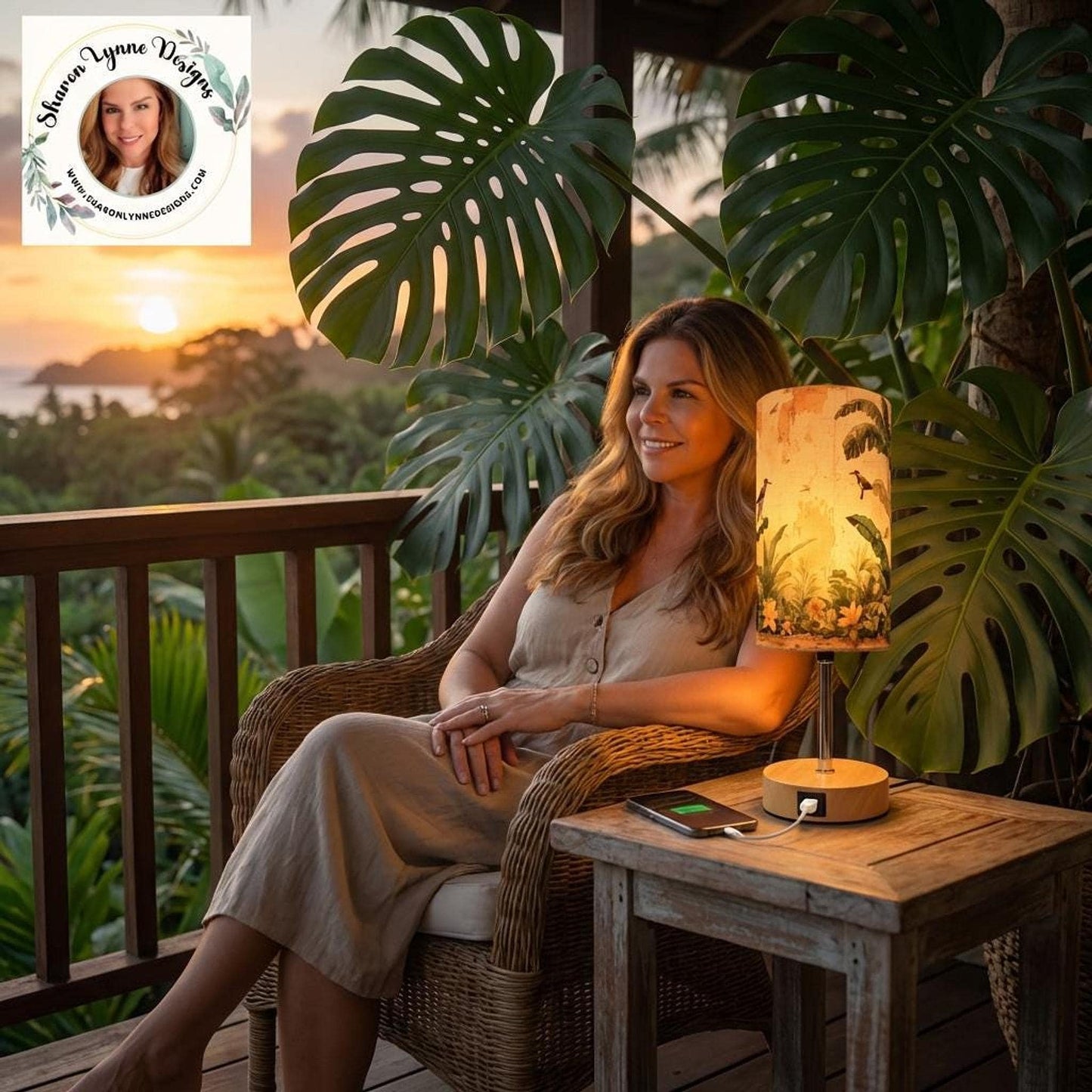 Tropical Table Lamp with USB Charging Port, Modern Metal and Linen Design for Nightstands