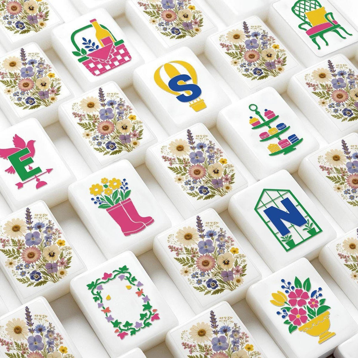 Floral Mahjong Set, Garden Style Acrylic Tiles with Dried Flower Designs