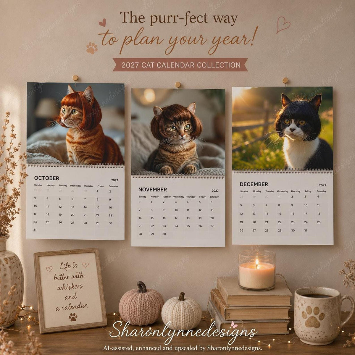 Cat Calendar 2027, Wigged Out Cats Wall with Feline Charm