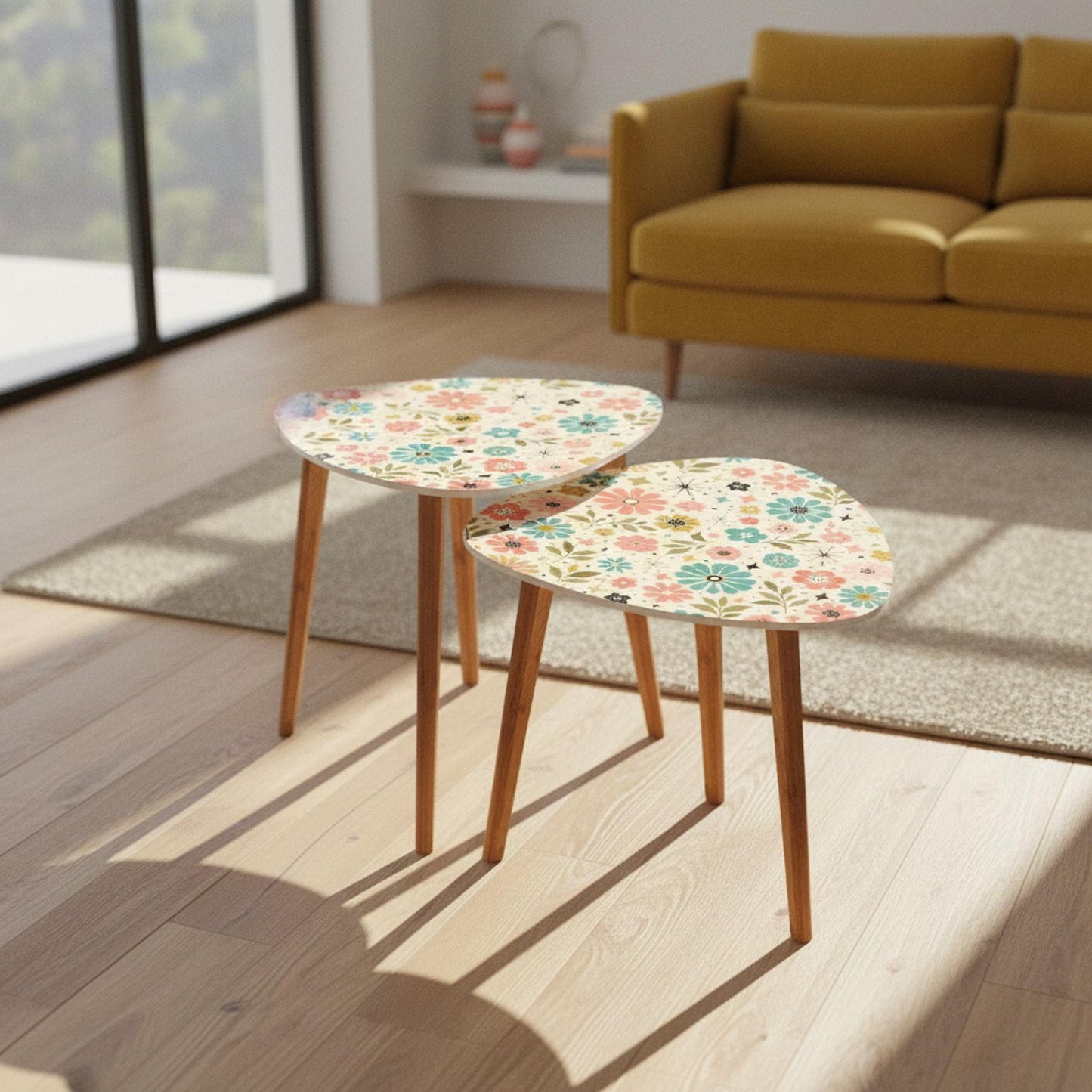 Nesting Table Set, Retro Floral MDF Tabletops With Bamboo Legs, Two Sizes