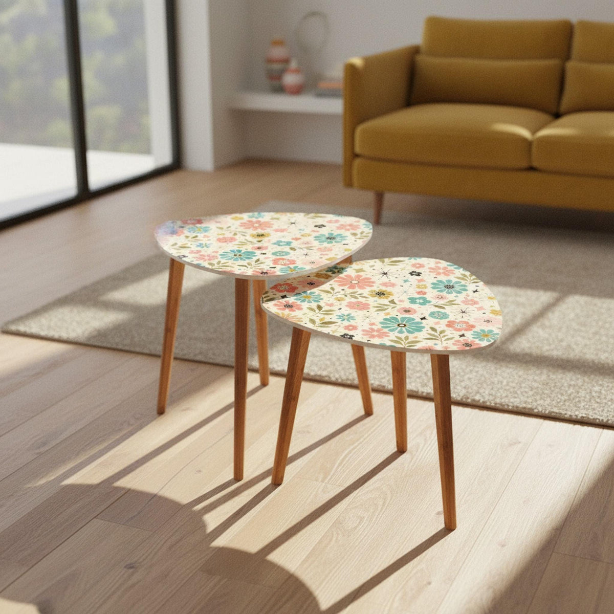 Nesting Table Set, Retro Floral MDF Tabletops With Bamboo Legs, Two Sizes