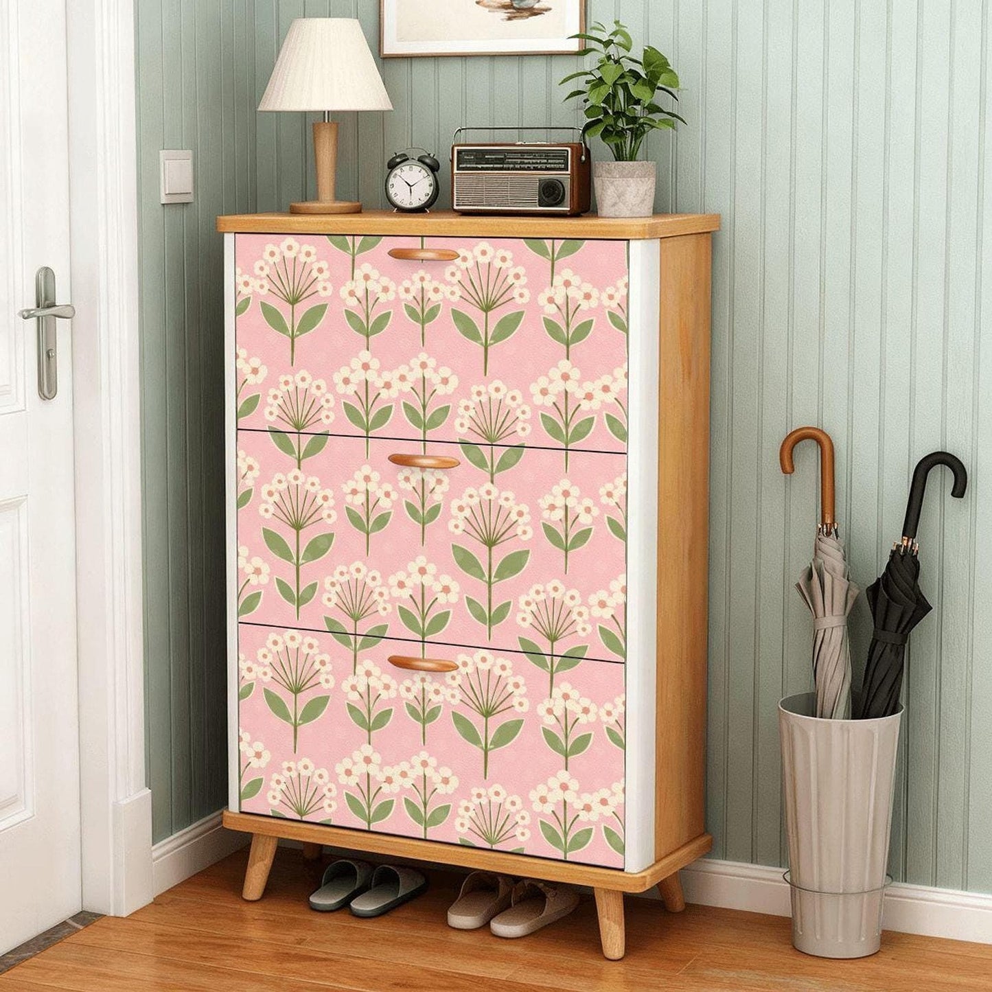 Pink Shoe Cabinet with Floral Design, Durable MDF Storage Organizer