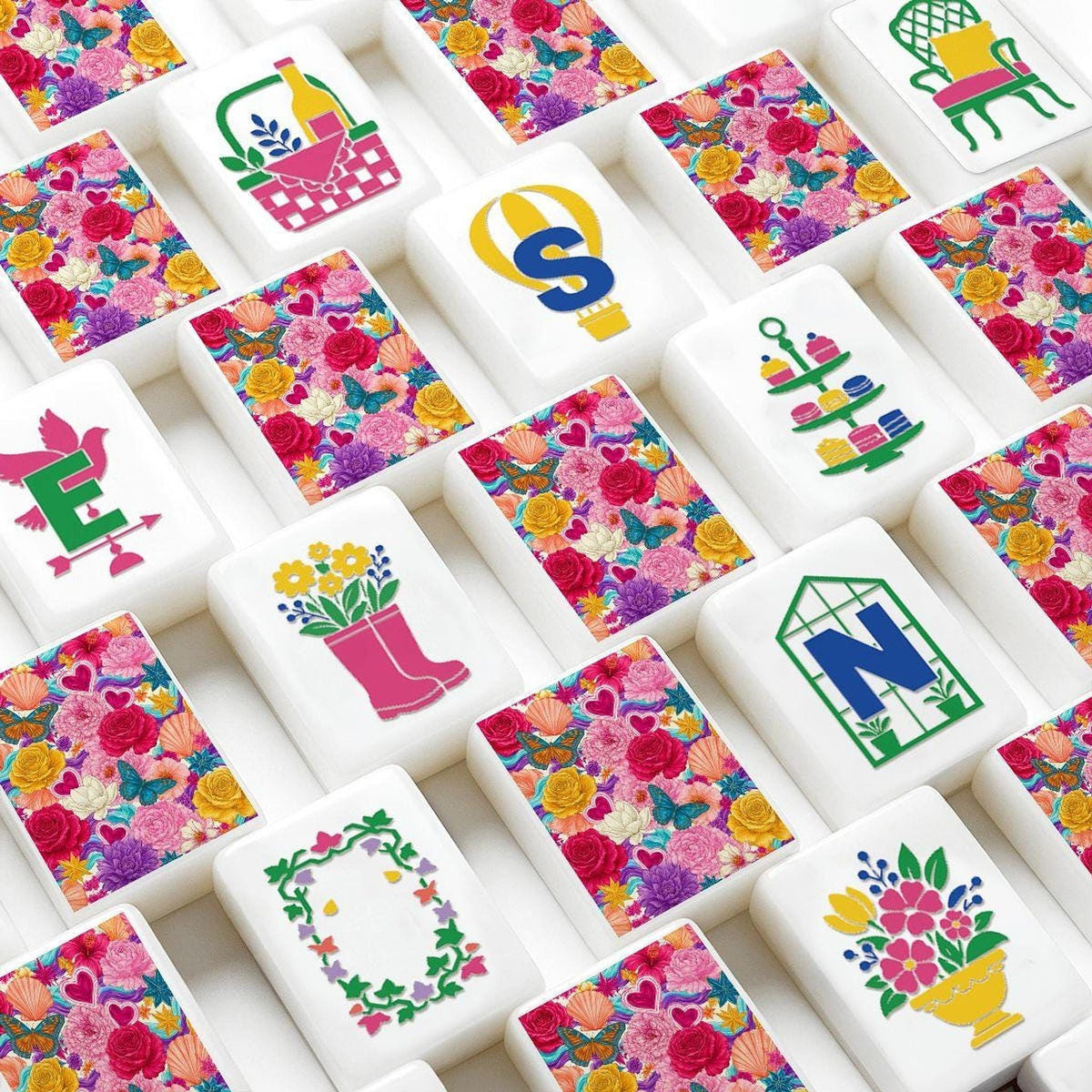 Floral Mahjong Set, Colorful 160-Piece Acrylic Tiles with Garden Designs