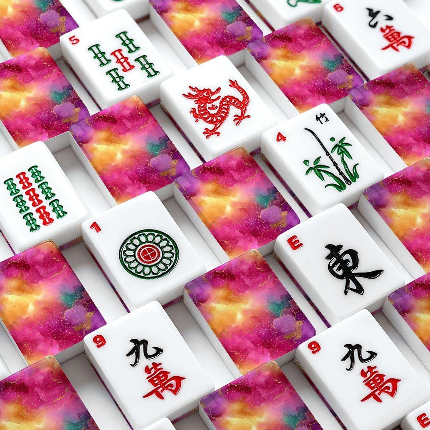 Mahjong Tile Set - Pink Marble Acrylic Game Pieces for Traditional Play