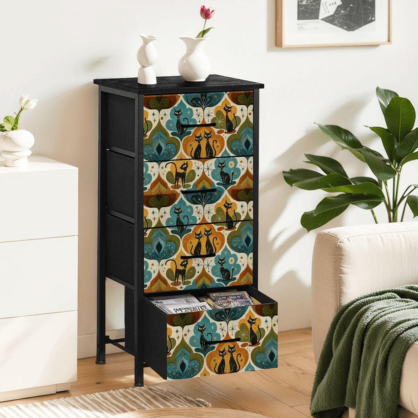 Mid-Century Dresser with Colorful Cat Print Design, Four Drawer Storage Solution