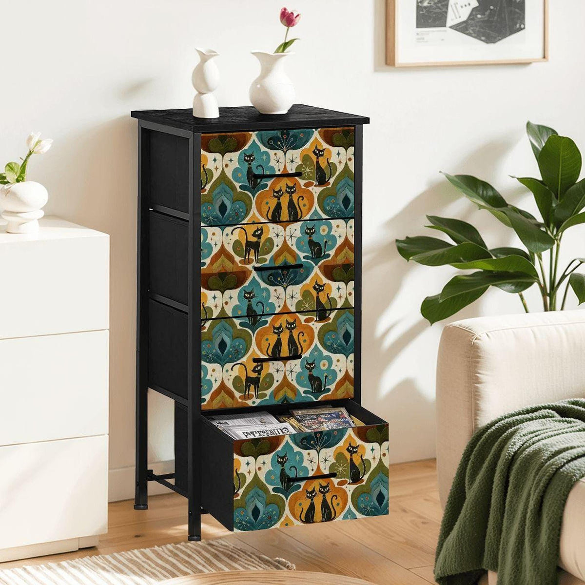 Mid-Century Dresser with Colorful Cat Print Design, Four Drawer Storage Solution