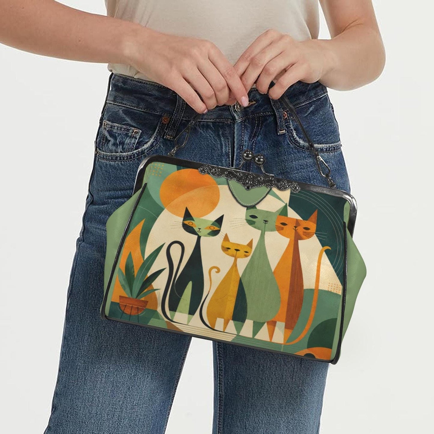 Cat Lover Handbag, Retro Cat Kisslock Purse with Vintage Artwork
