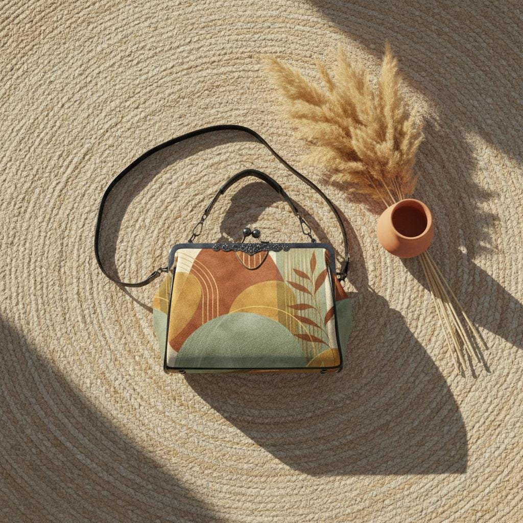 Autumn Crossbody Bag with Vintage Kisslock Closure and Abstract Design