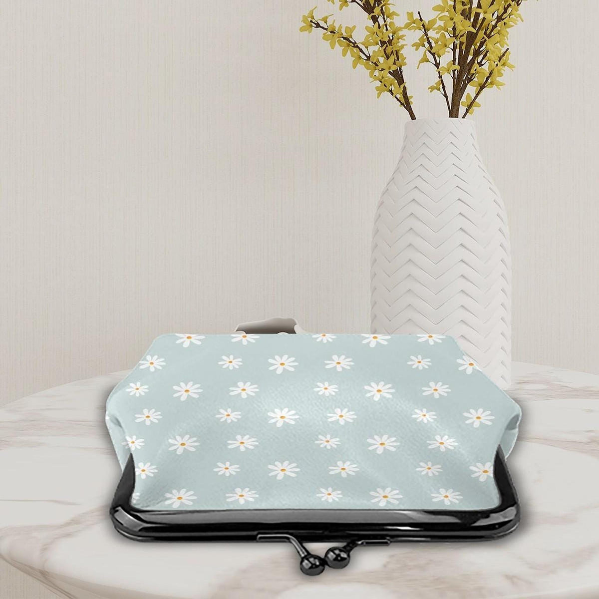 Blue Daisy Women's Leather Kiss Lock Coin Purse - Small Vintage Style Wallet Pouch