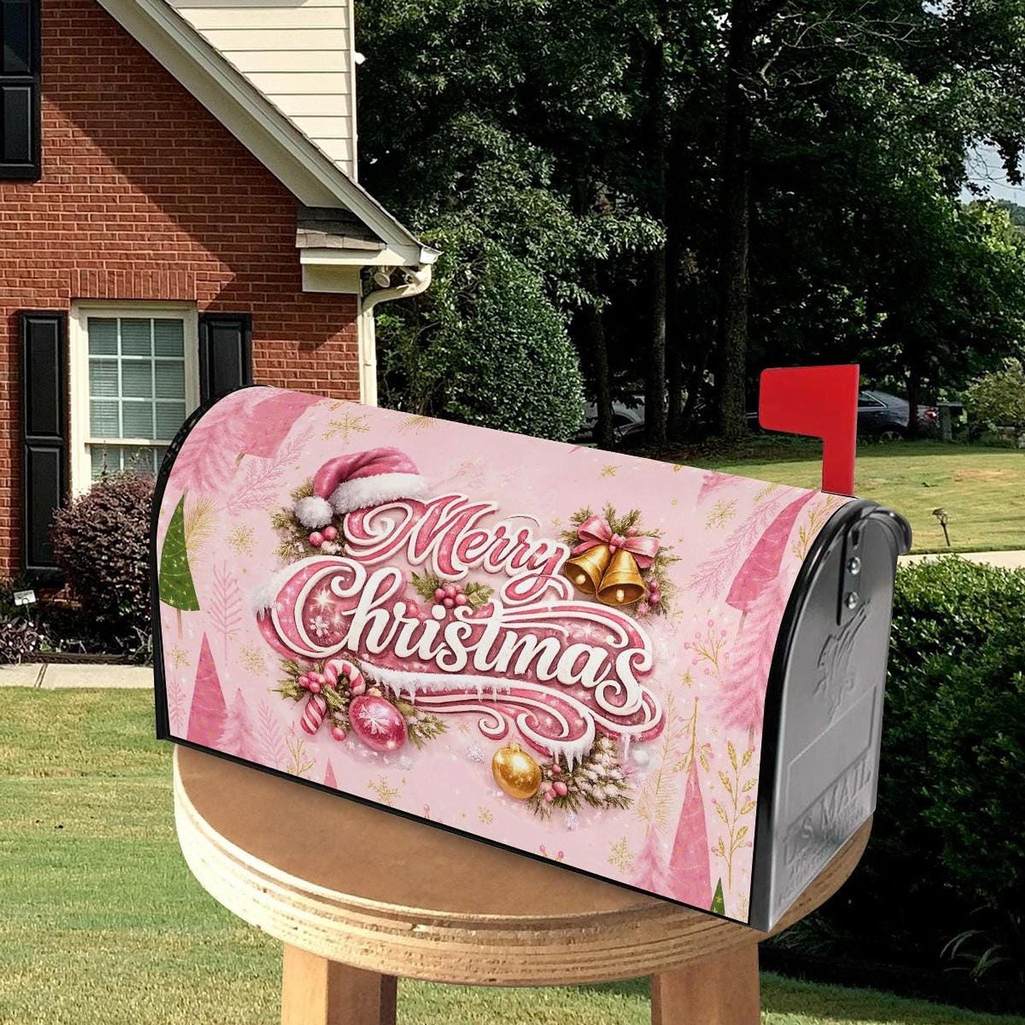 Pink Christmas Tree Magnetic Mailbox Cover, Waterproof Oxford Cloth in Medium and Large Sizes