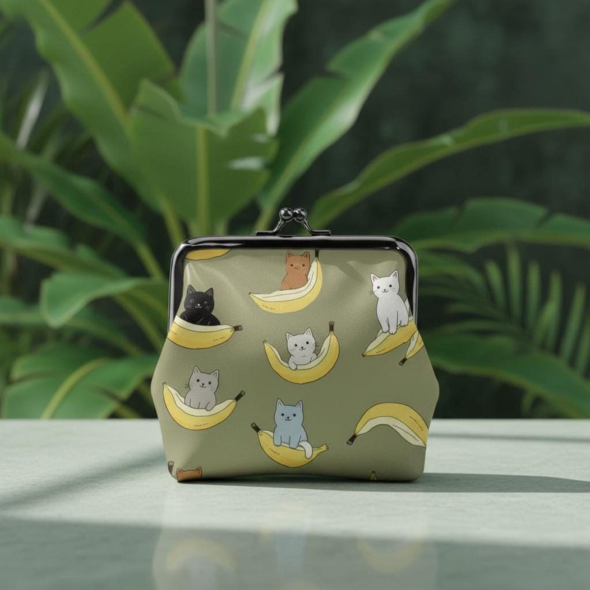 Banana Cats Faux Leather Kiss Lock Coin Purse - Green Kitty Change Wallet Small Pouch