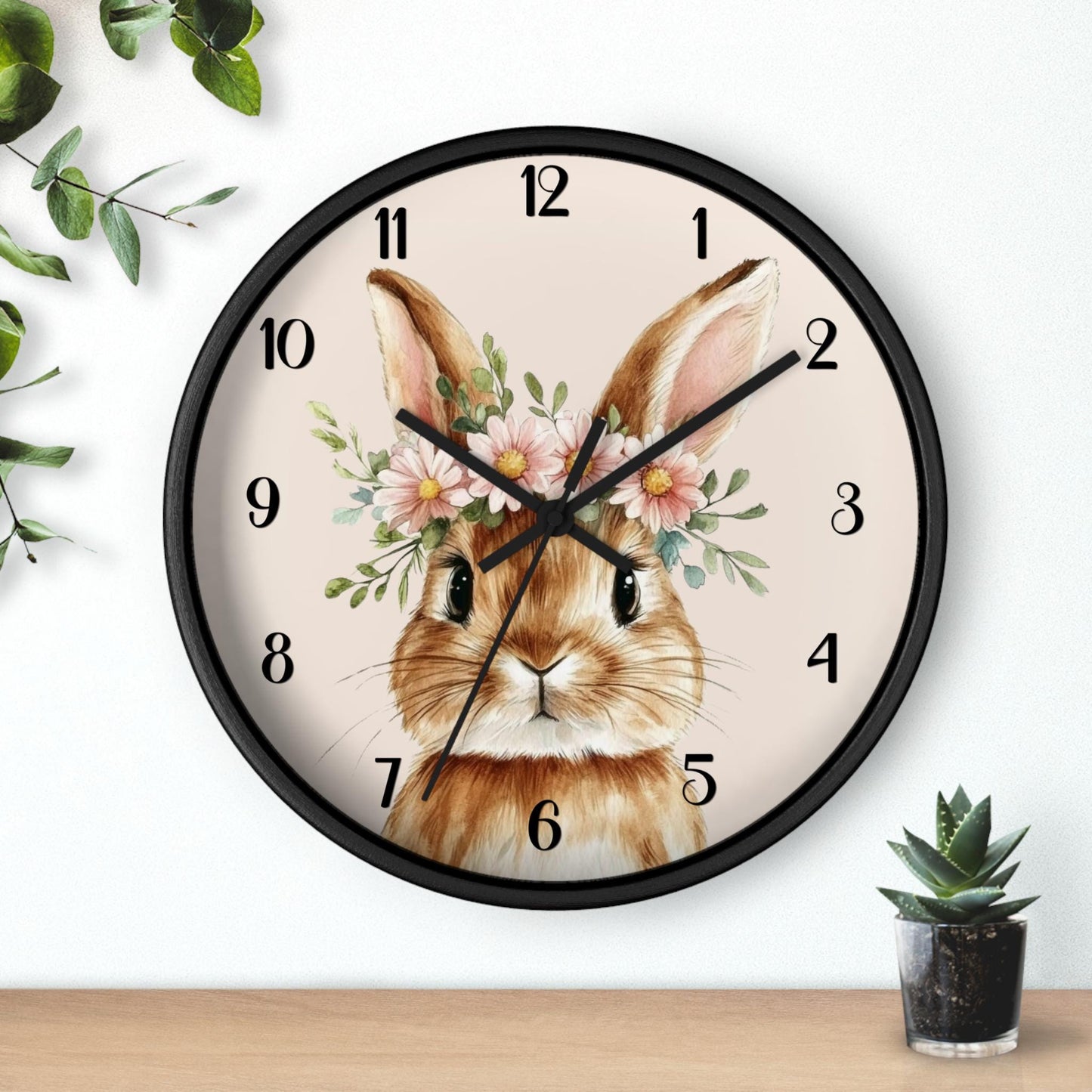 Rabbit Wall Clock, Floral Watercolor Bunny with 100% Wood Frame, 10-Inch Square