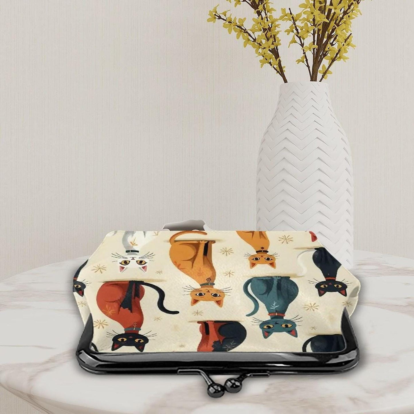 Retro Cat Purse, Vintage Kiss Lock Wallet in Soft Microfiber PU Leather