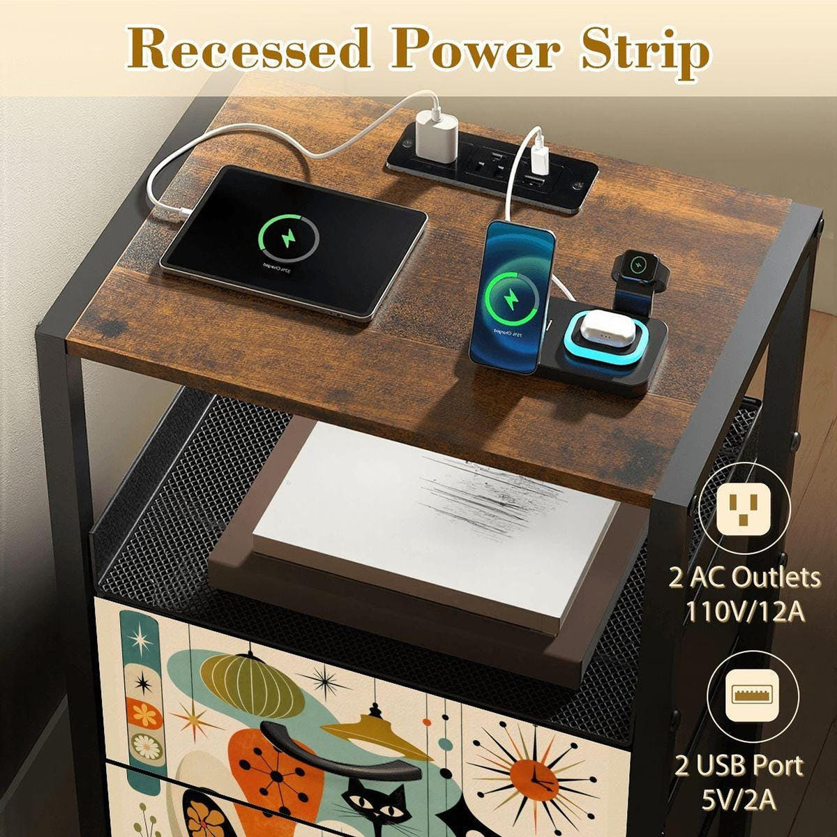Modern Bedside Table with Power Strip, 2-Drawer MDF Nightstand and Retro Artwork