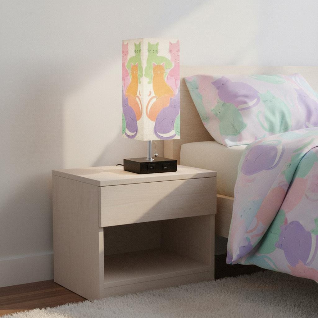 Pastel Cat Lamp with USB Port, Linen Shade and Metal Base for Cozy Lighting