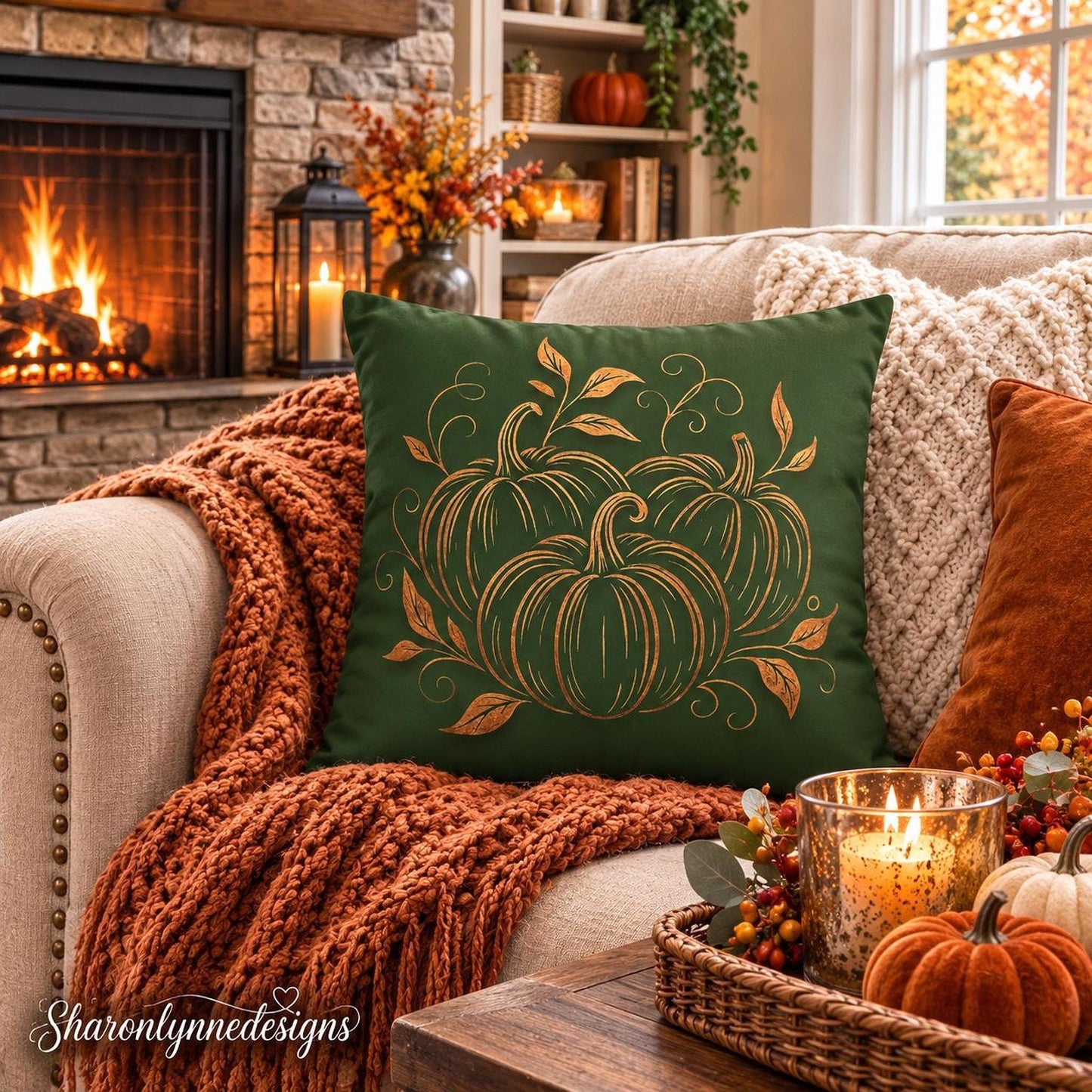 Decorative Farmhouse Pillow Cover, 100% Faux Suede Autumn Pumpkin Floral Print, Double-Sided Concealed Zipper
