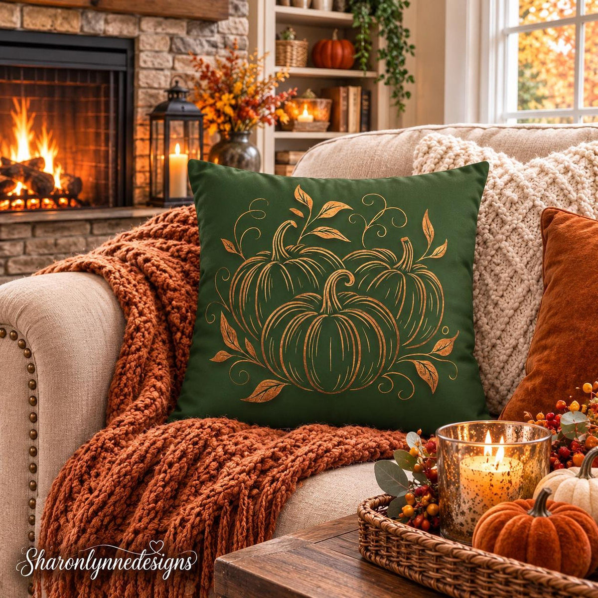 Decorative Farmhouse Pillow Cover, 100% Faux Suede Autumn Pumpkin Floral Print, Double-Sided Concealed Zipper