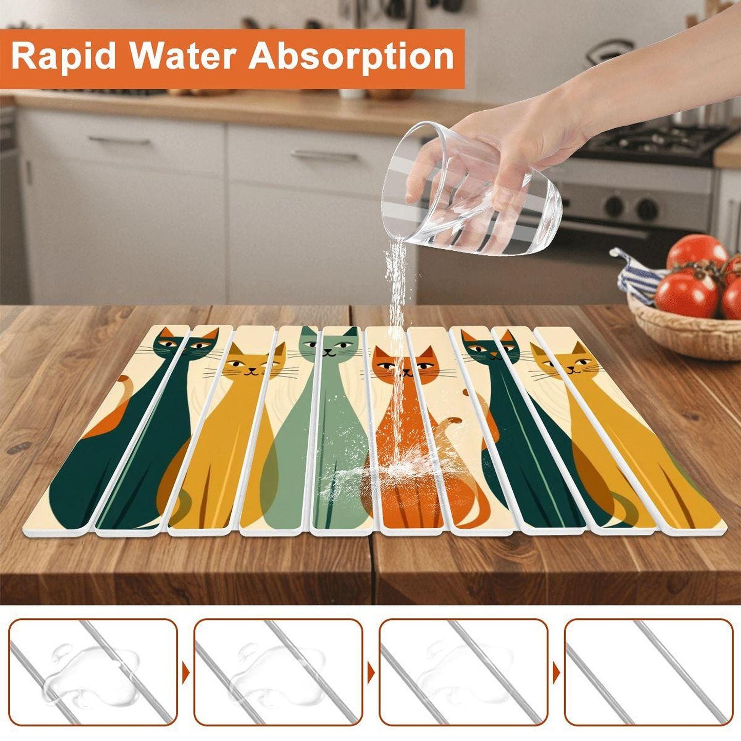 Retro Kitchen Mat with Adorable Cat Design, Absorbent Diatomite Counter Protector
