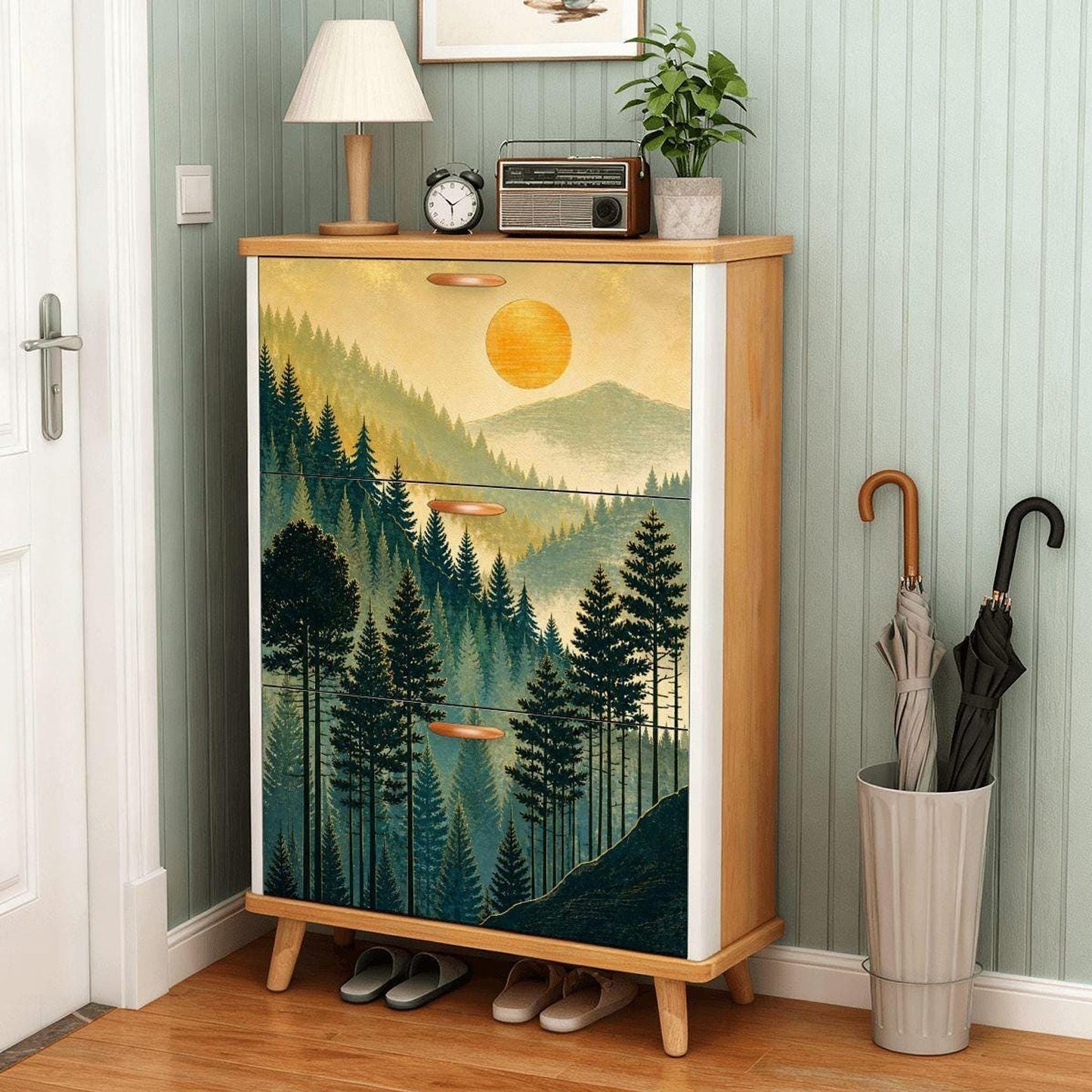 Golden Mountain Shoe Cabinet – Scenic Forest Entryway Storage | Made in USA