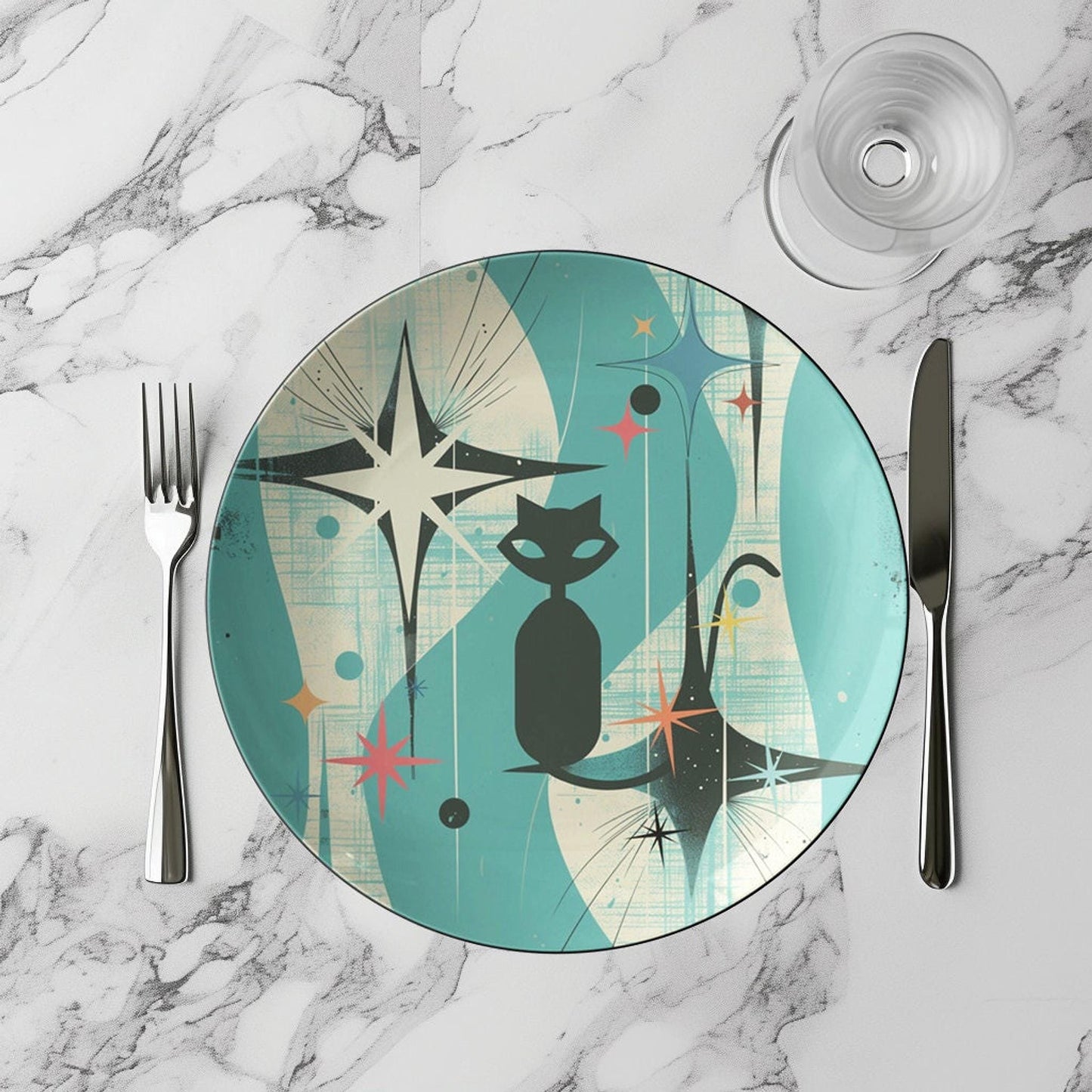 Atomic Cat Plate, Retro Mid-Century Dinnerware in ThermoSaf Plastic