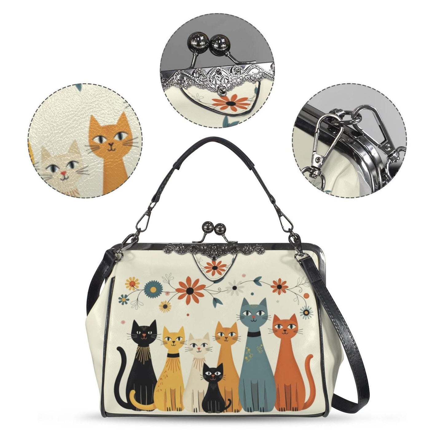 Retro Cat Purse, Waxed PU Leather Crossbody Bag with Kiss Lock Clasp