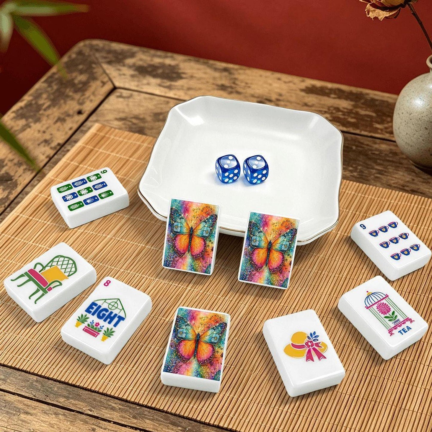 Butterfly Mahjong Tile Set, 160 Acrylic with Joker Designs for Game Night