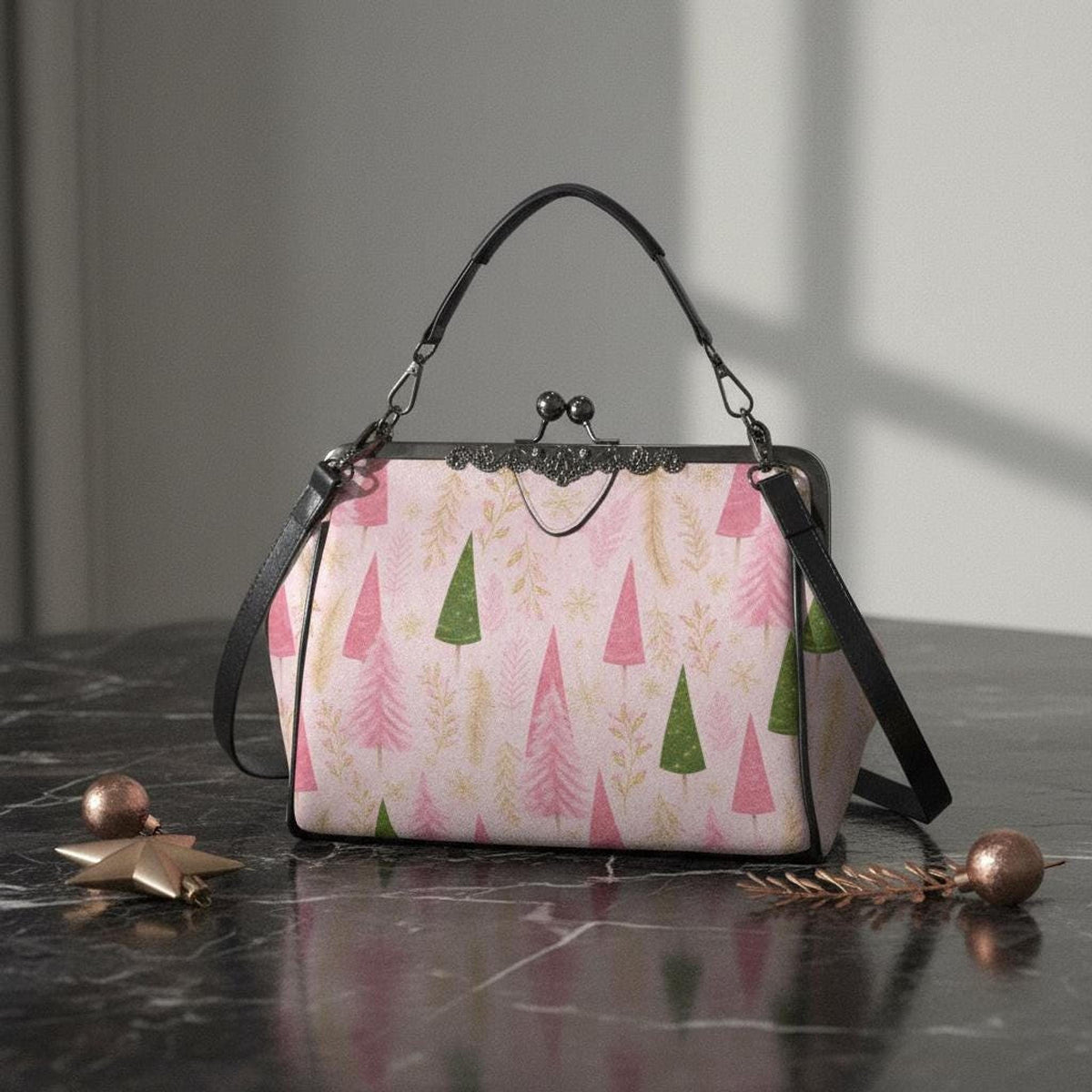 Pink Tree Kiss Lock Crossbody Shoulder Bag | Vintage Christmas Handbag