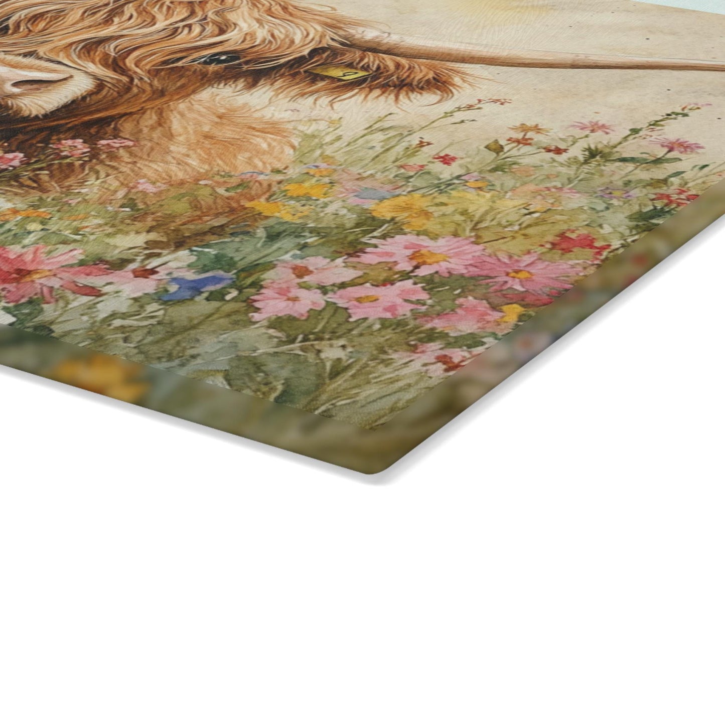 Highland Cow Cutting Board, Durable Tempered Glass with Rustic Watercolor Design
