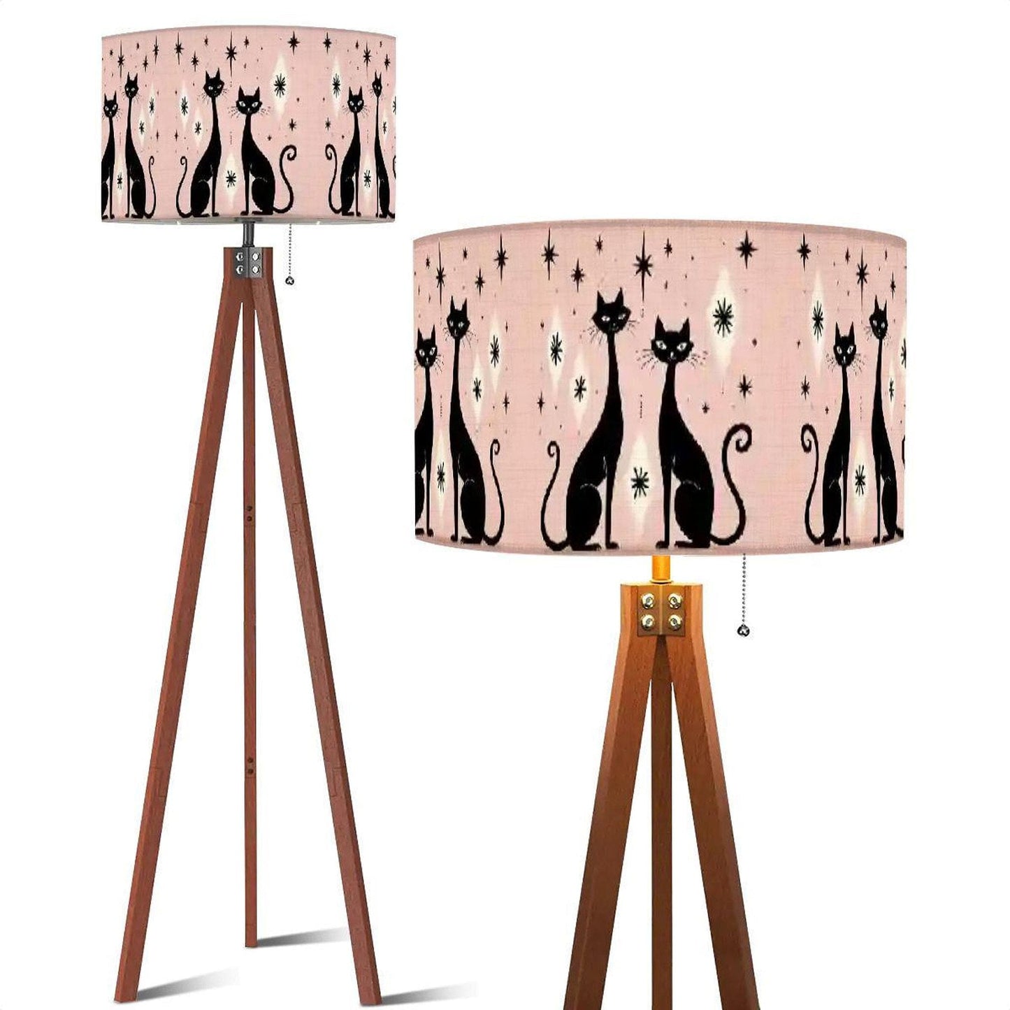 Pink Retro Lamp, Cat Print Linen-Textured Shade, 59.4-Inch Tripod Floor Stand, USA Made