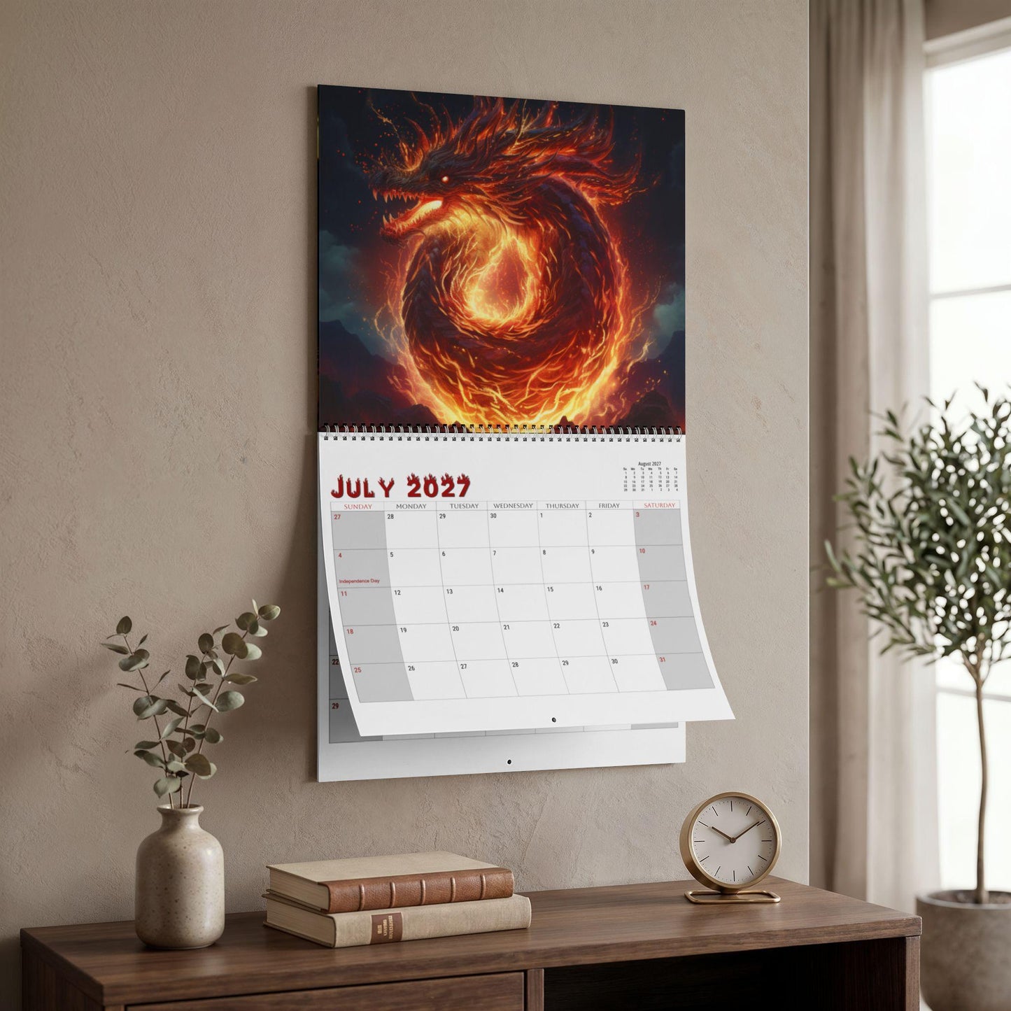 Fire Dragon Wall Calendar 2027, Writable Matte Grid, Wire Coil Fantasy Art