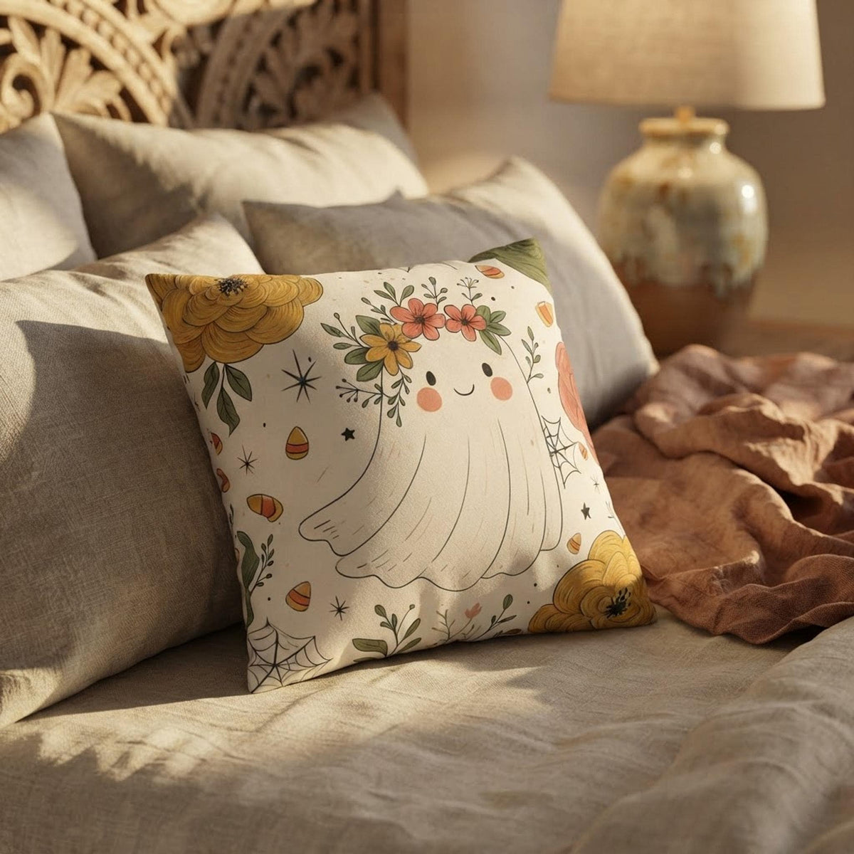 Ghost Halloween Pillowcase: Faux Suede Square Throw Pillow for Cozy Fall Home Decor