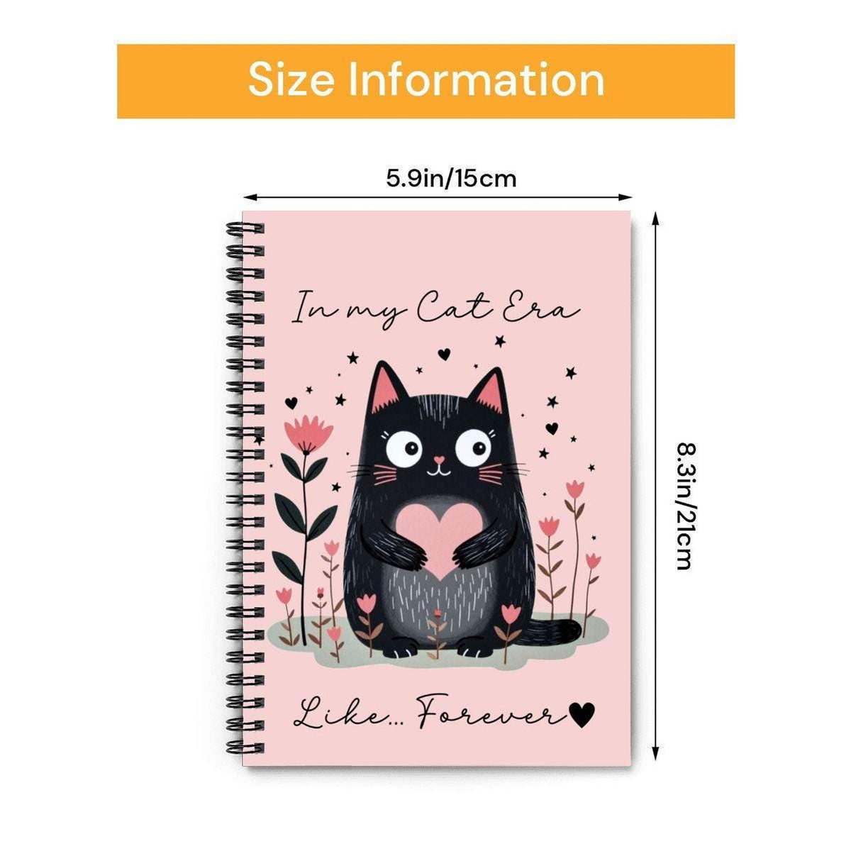 Spiral Cat Notebook, Pink Feline Journal, 165 Ruled Pages