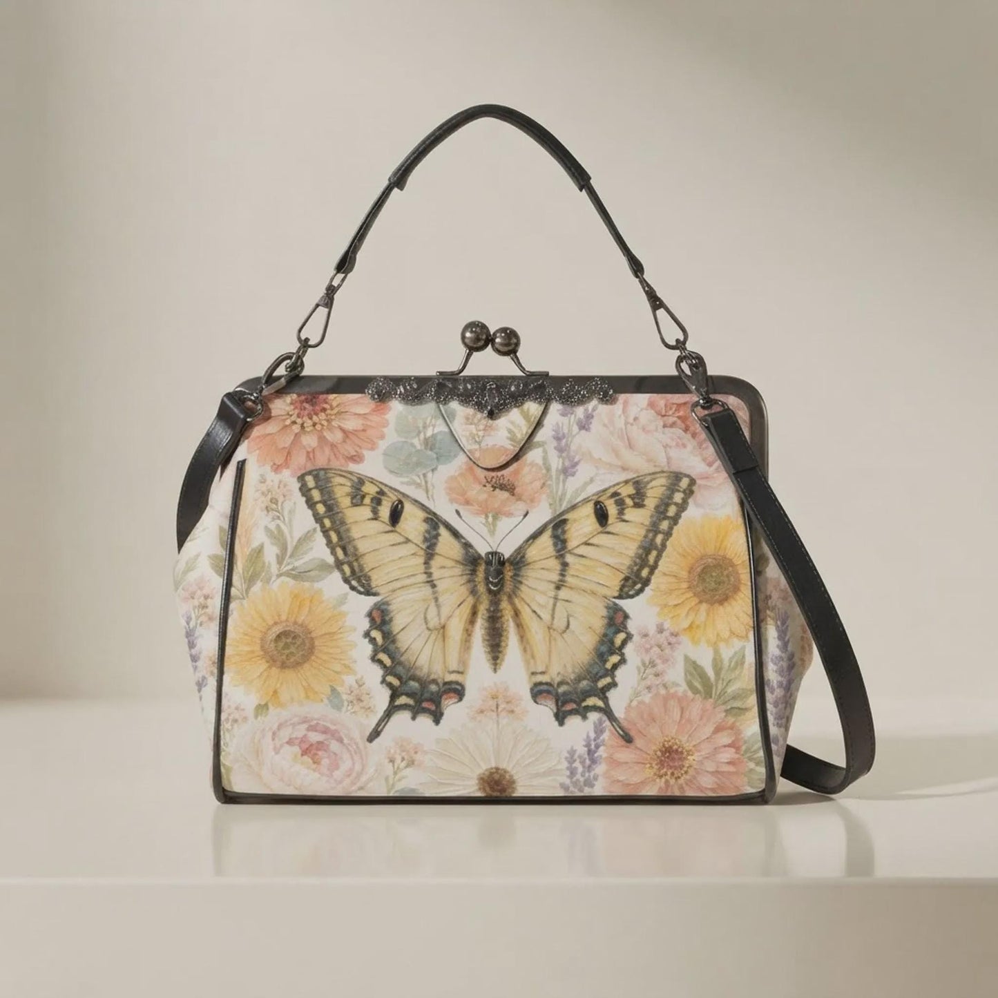 Floral Crossbody Bag, Water-Repellent Waxed PU Leather, Kiss Lock