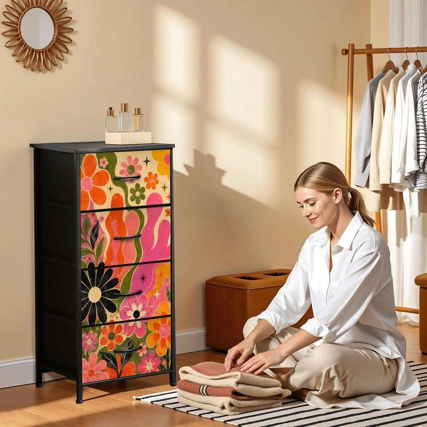 Retro Floral Dresser, Four-Drawer Steel Frame with UV-Printed Groovy Flowers