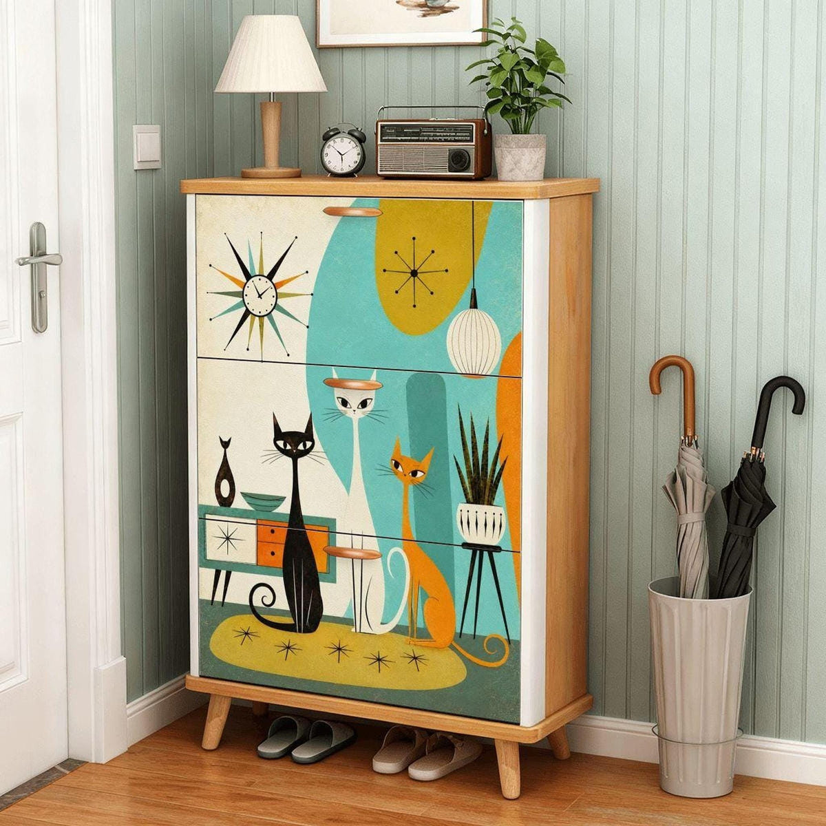 Atomic Cats Cabinet, MDF Wood Shoe with Colorful Design