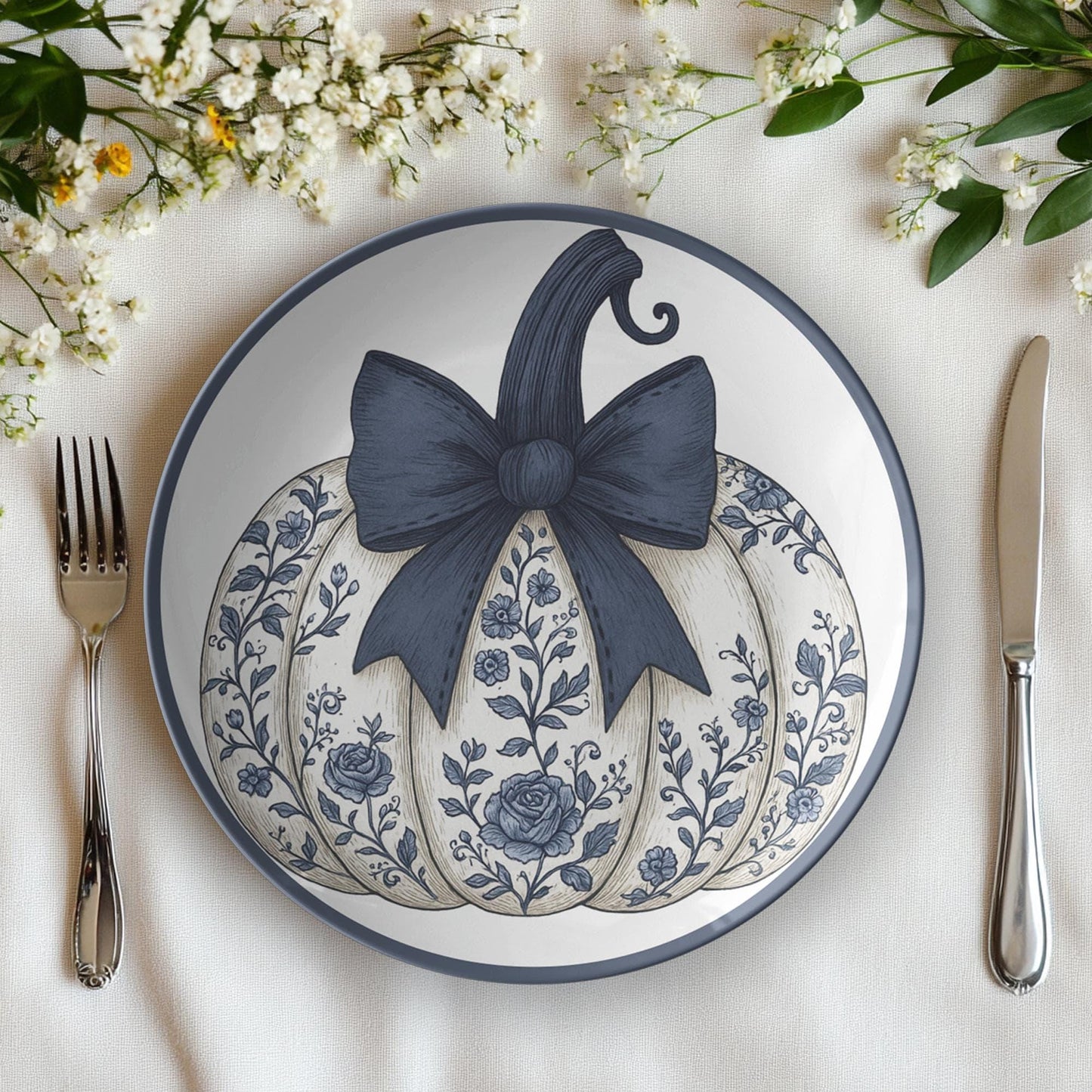 ThermoSaf Plate, Navy Pumpkin Design, 10-Inch Round Polymer Dinnerware