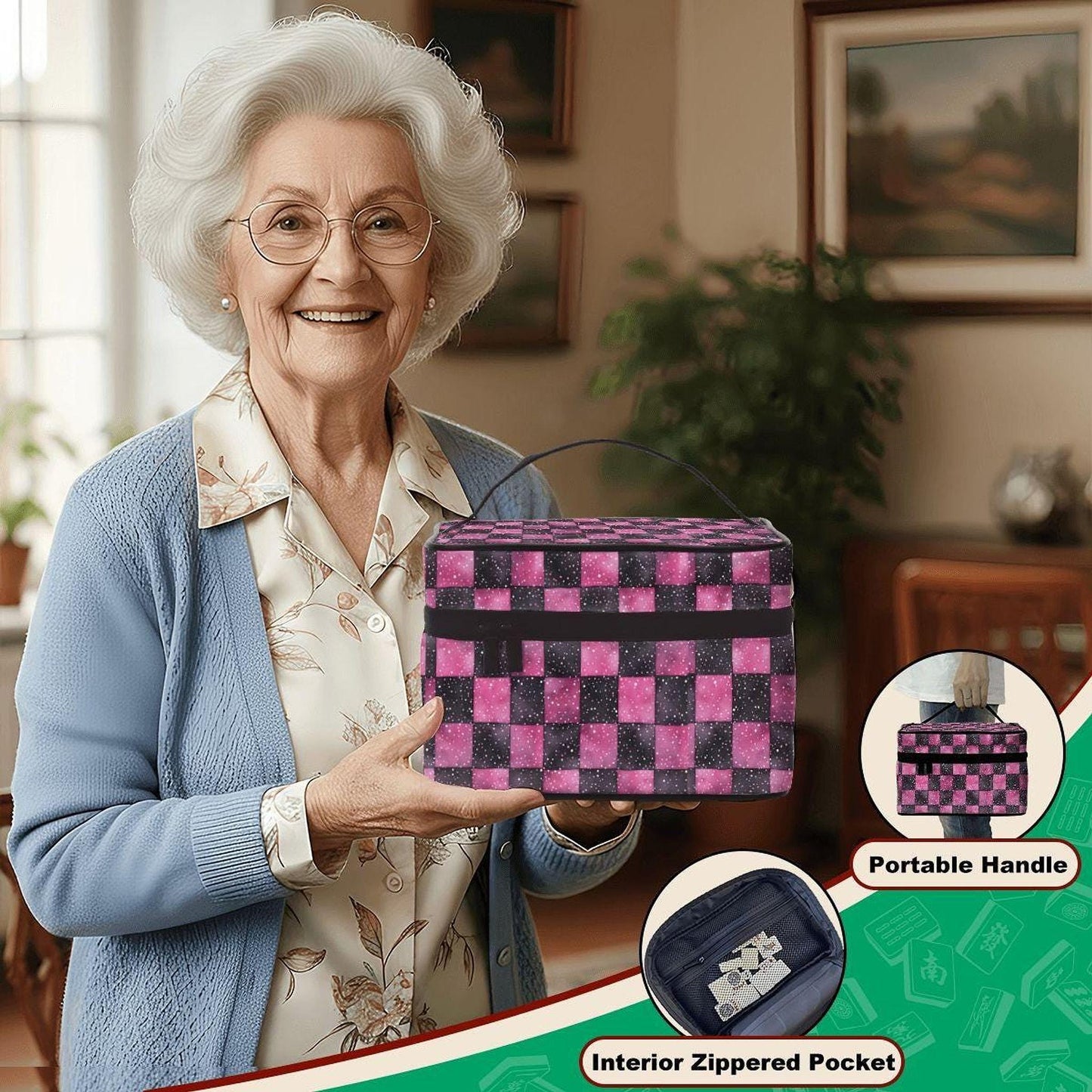 Mahjong Set Bag, Pink Black Checkered Polyester Travel Organizer with Single-Sided Sublimation Print
