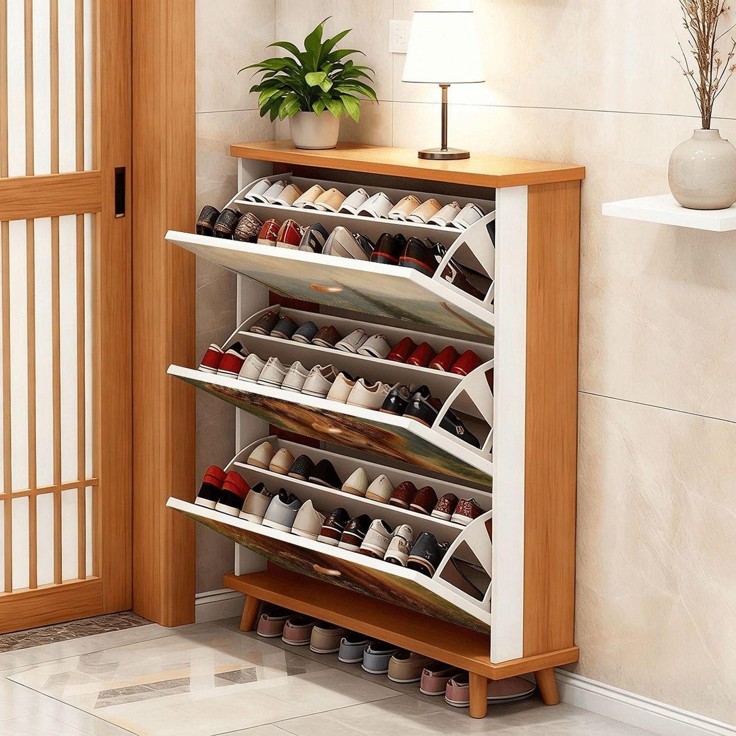 Highland Cow Shoe Cabinet, Farmhouse Entryway Storage, Floral Meadow Organizer