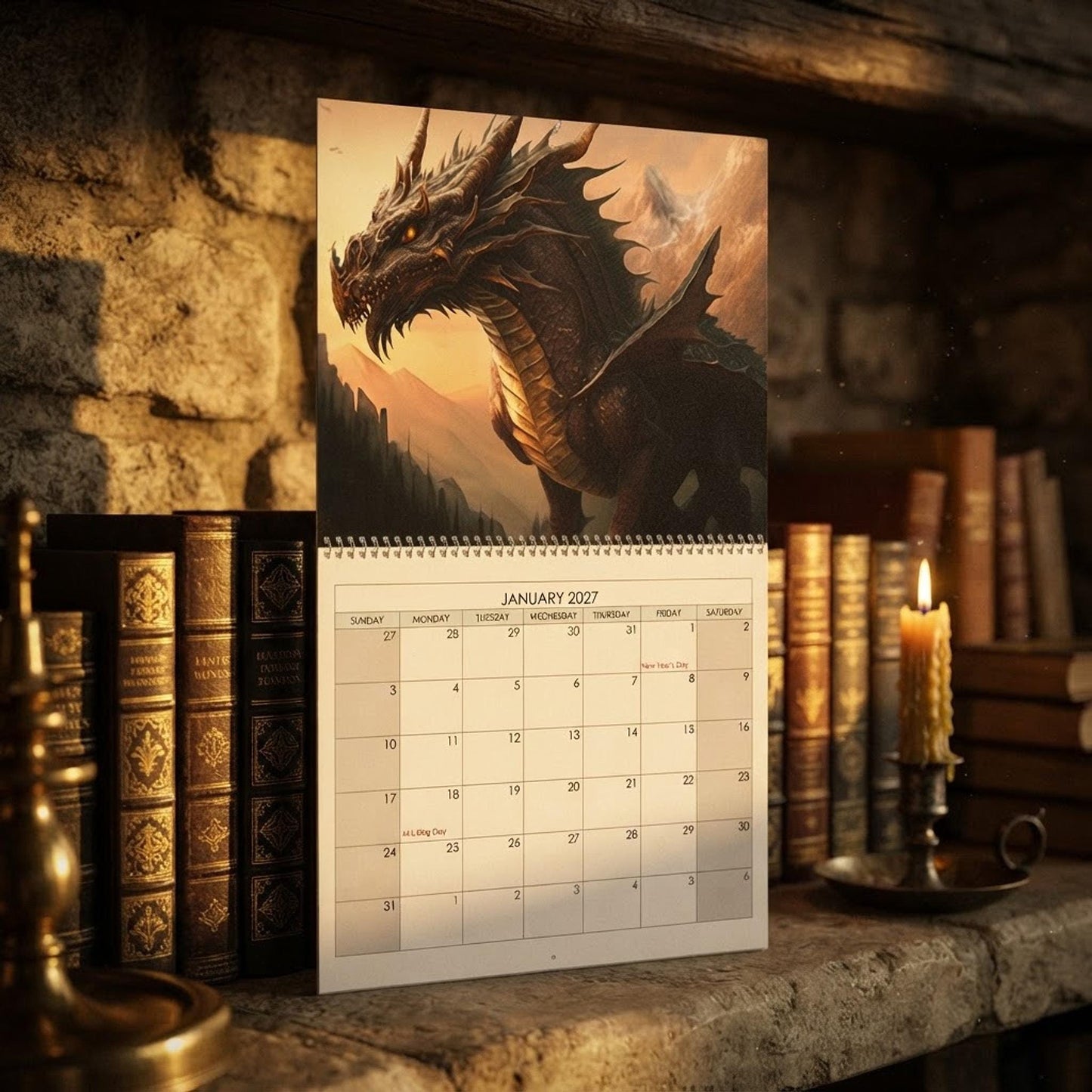 2027 Fiery Dragon Wall Calendar | Fantasy Art, Customizable Grid