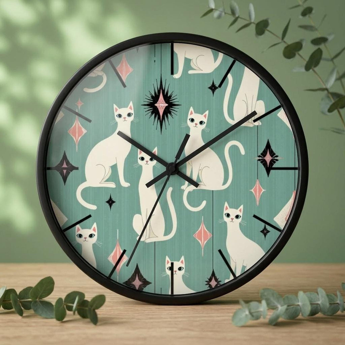 Retro White Cat Wall Clock | Mid Century Modern Animal Kitchen Decor