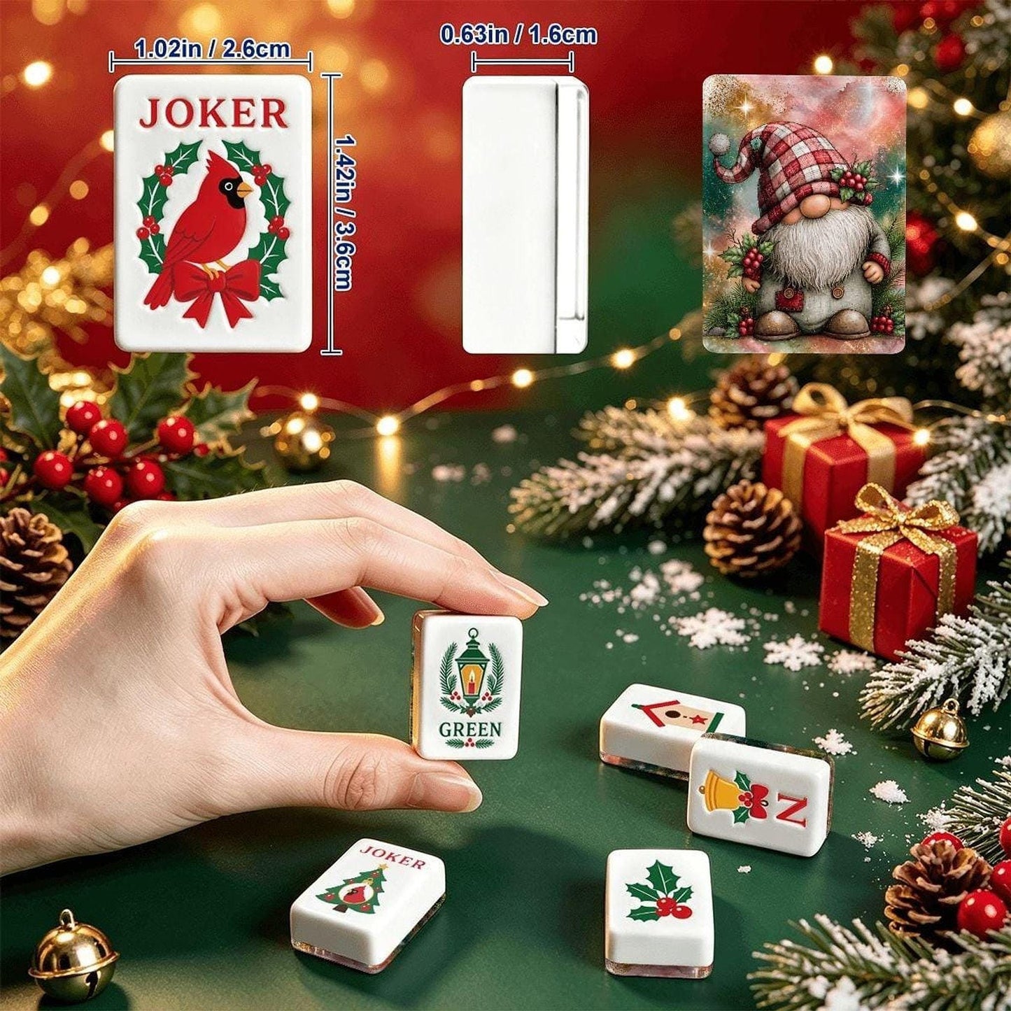 Christmas Gnome American Mahjong Set, 160 Acrylic Tiles, Winter Cardinal Design