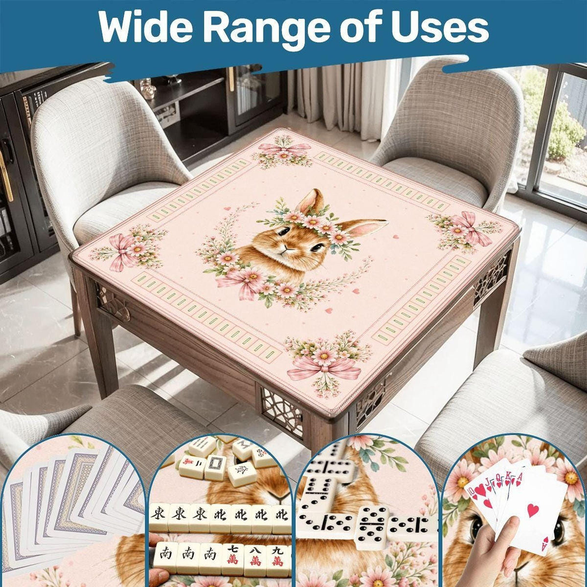 Rabbit Mahjong Mat, Pink Floral Design with Non-Slip Rubber Backing