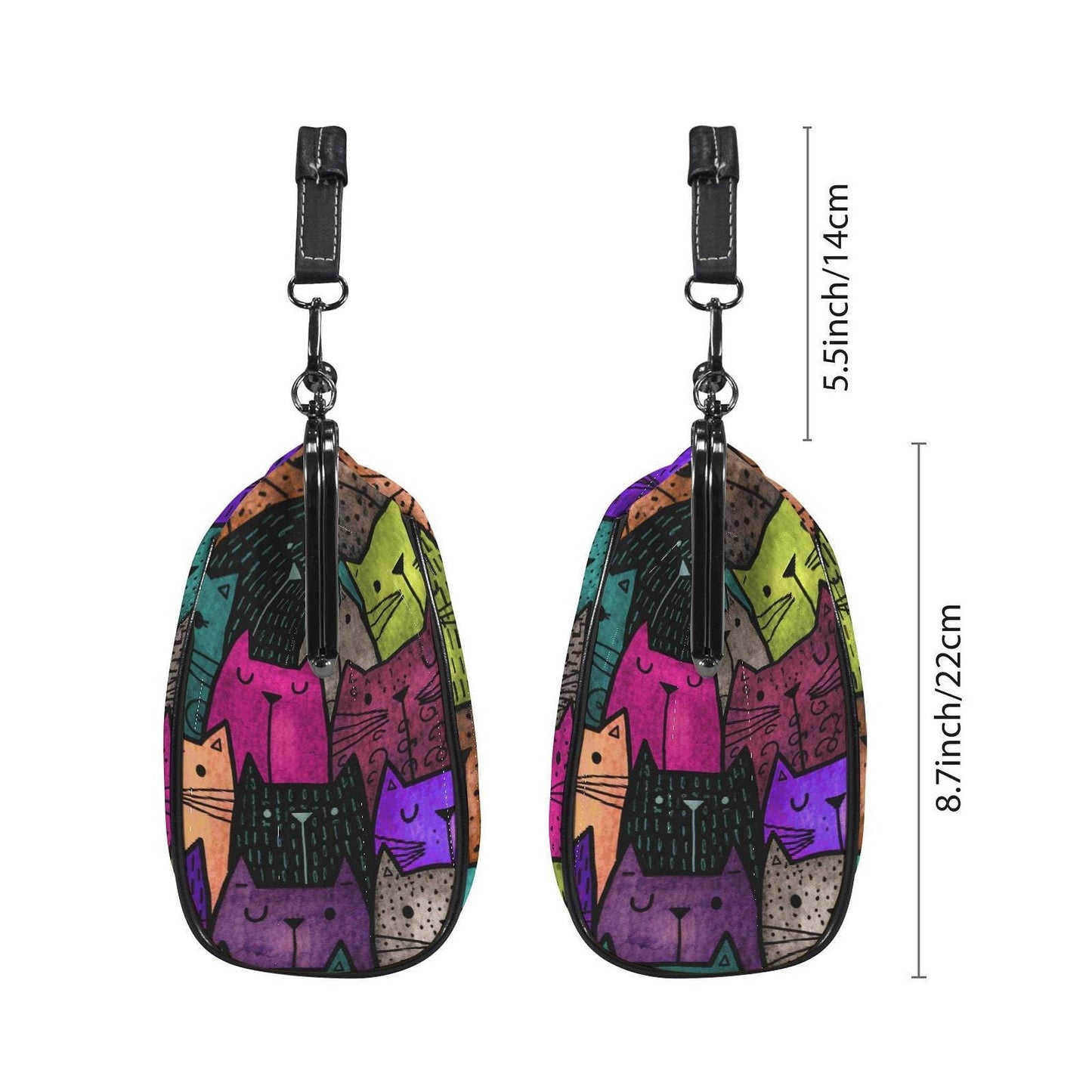 Cat Crossbody Bag, Colorful Retro Artwork, Waxed PU Leather Kisslock Frame