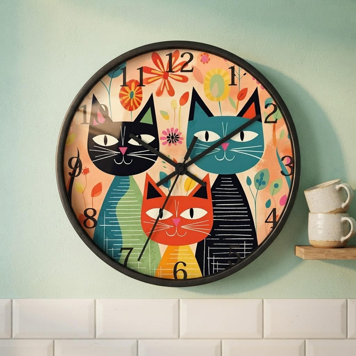 Feline Wall Clock, Retro Cat Design in Mid-Century Style for Home Decor