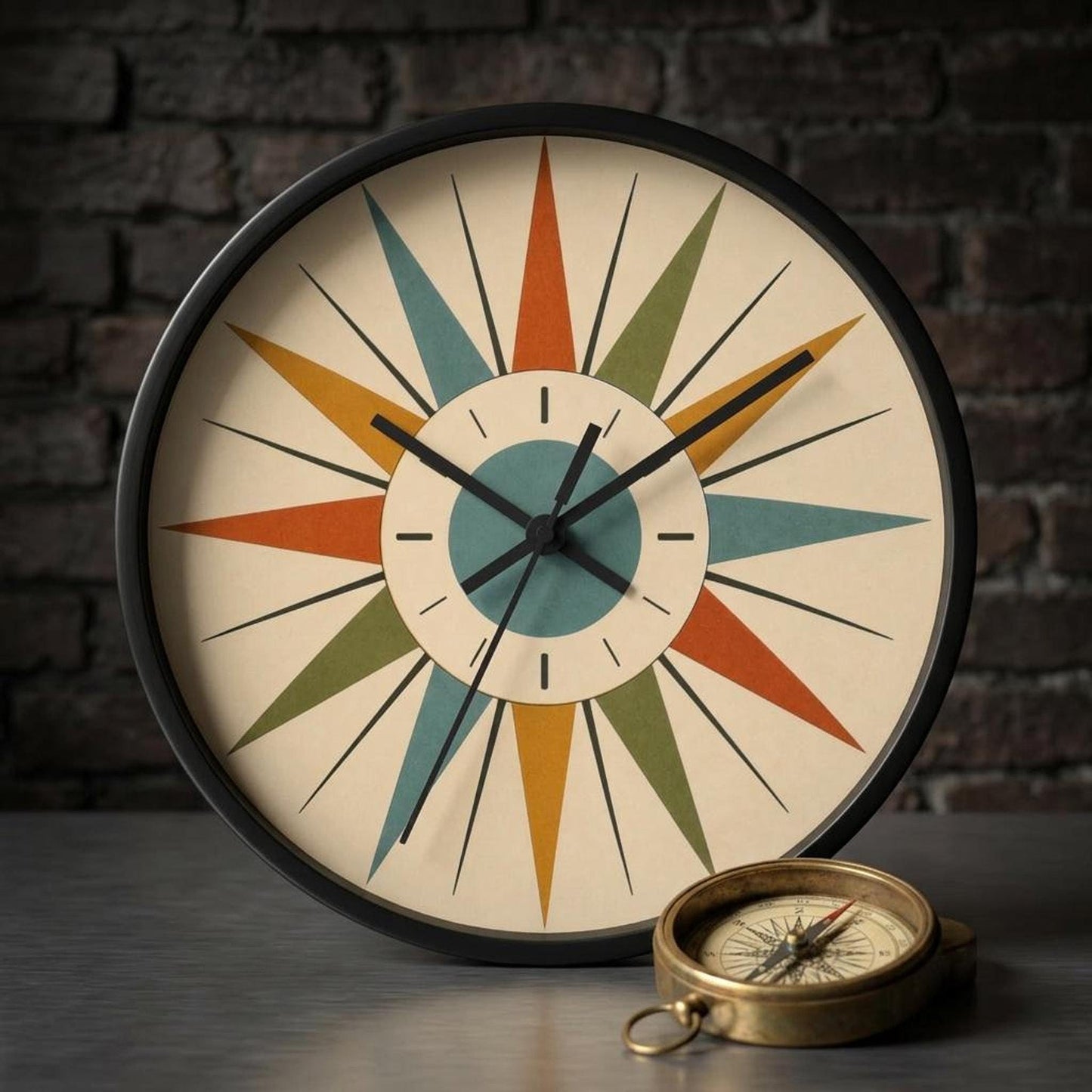 Mid Century Starburst Wall Clock, 100% Wood Frame with Silent Mechanism