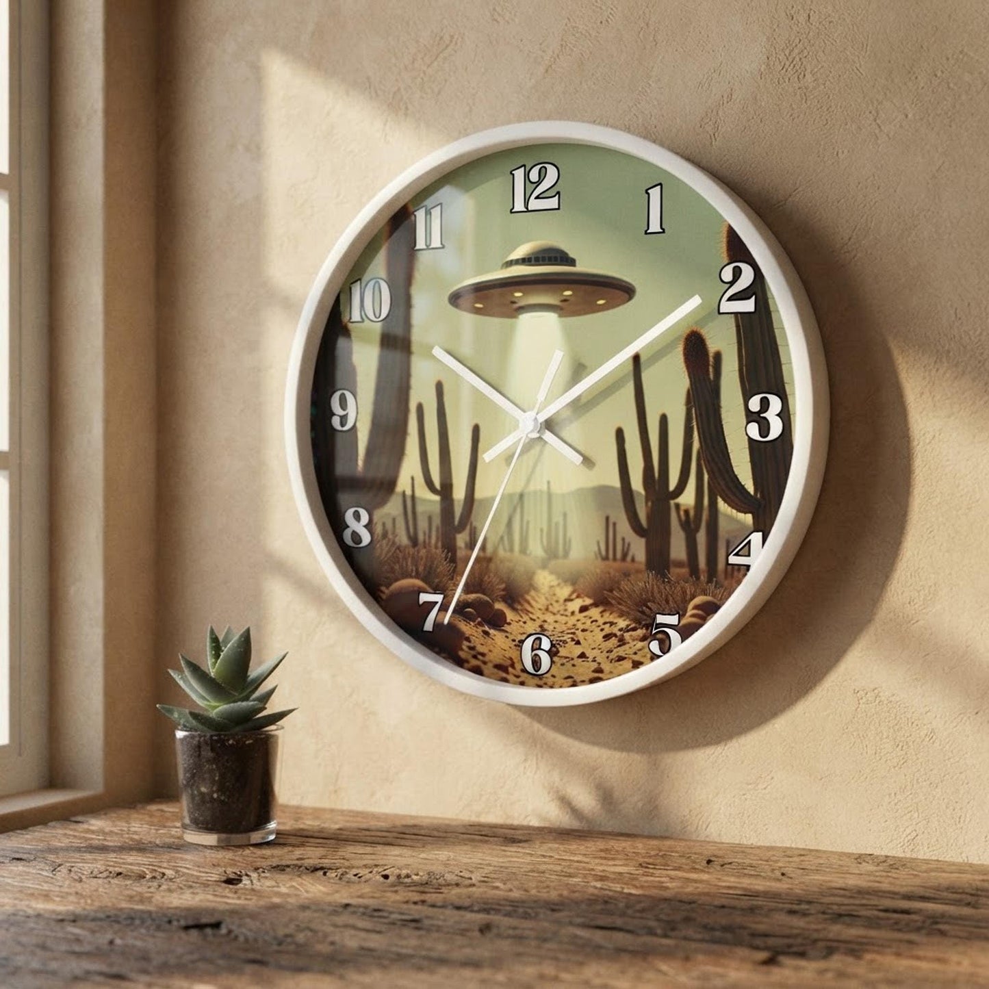 Retro UFO Wall Clock, 10 x 10 Inch Plexiglass Southwestern Desert Scene