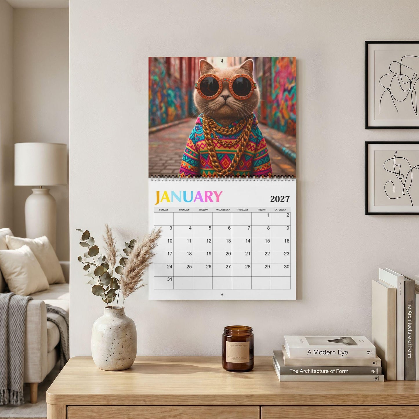 Hippy Cat 2027 Wall Calendar, Boho Home Decor