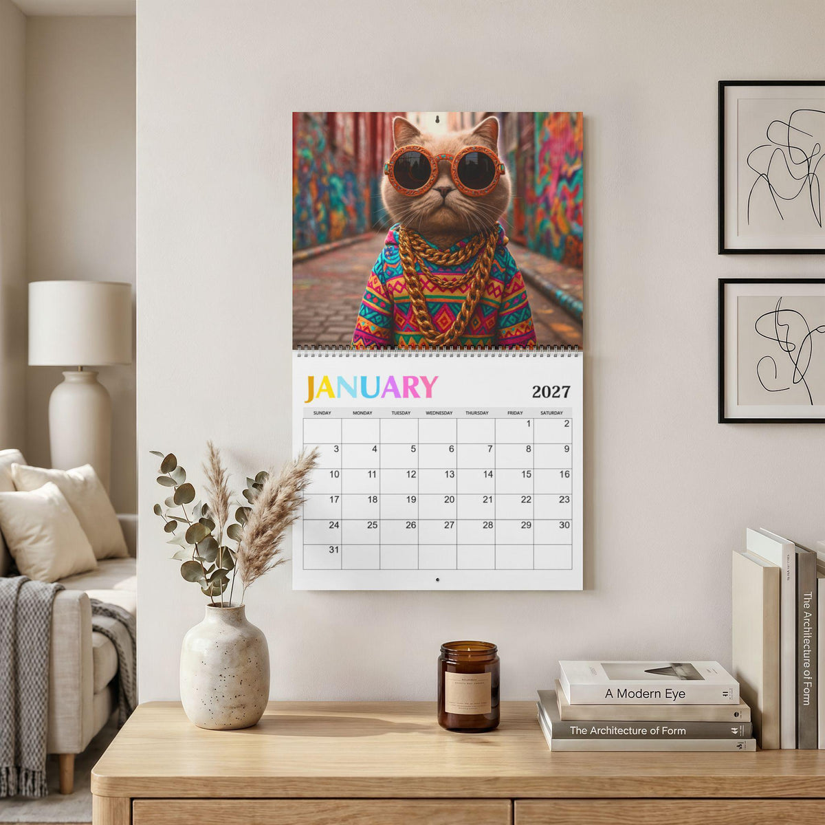 Hippy Cat 2027 Wall Calendar, Boho Home Decor