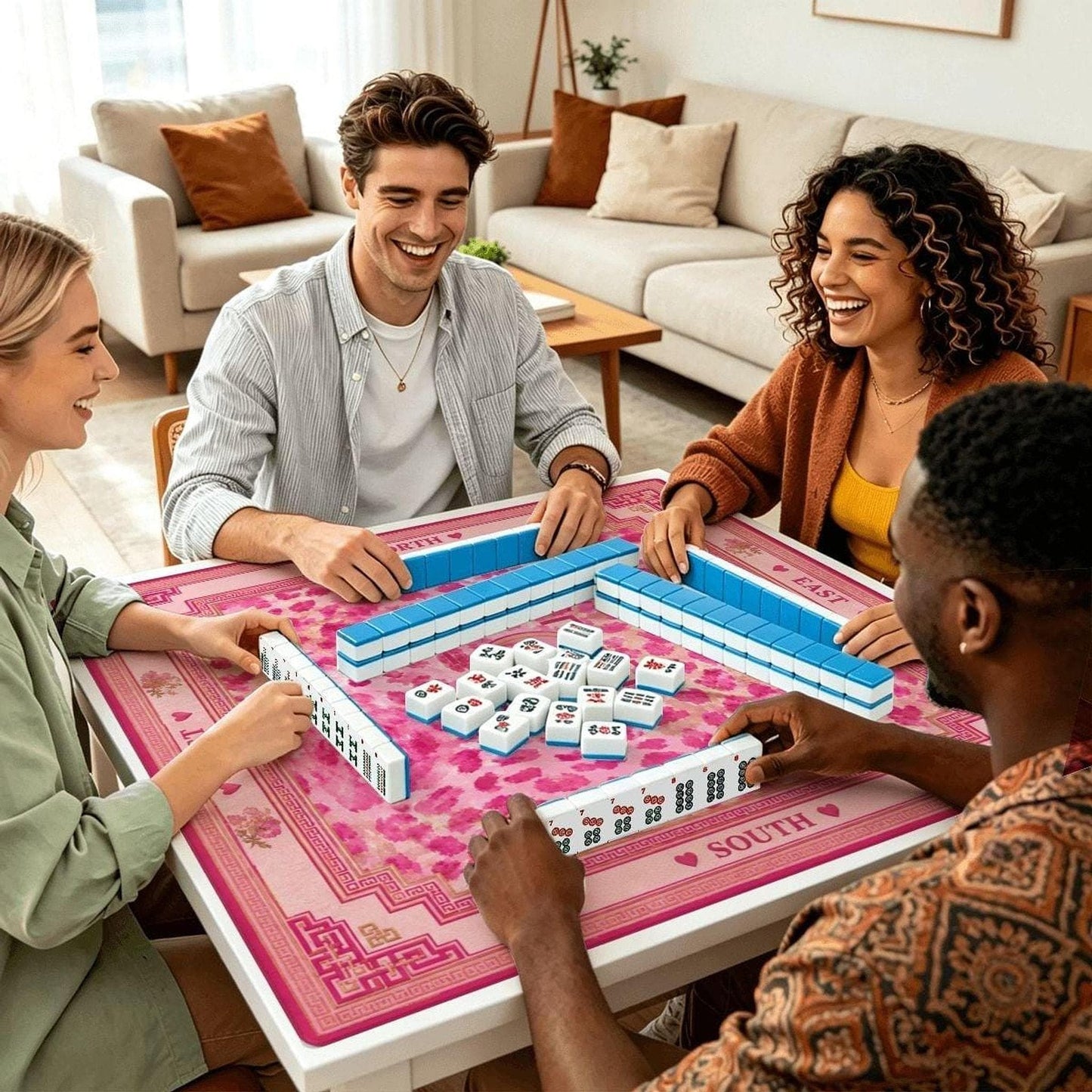 Mahjong Tile Set Mat, Pink Cheetah, 3mm Non-Slip Rubber Backing with Storage Bag