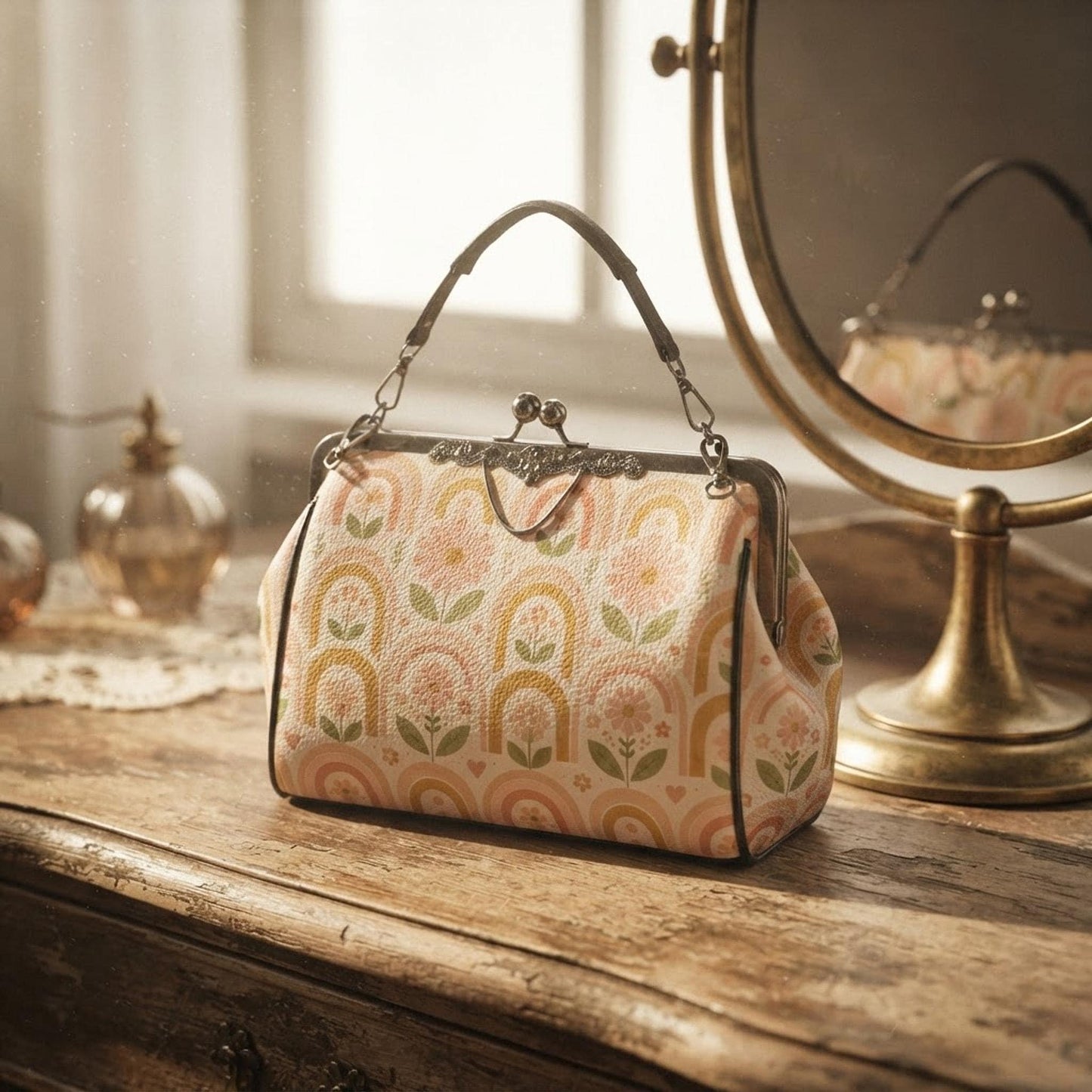 Kisslock Crossbody, Waxed PU Leather Pastel Rainbow Purse with Removable Strap